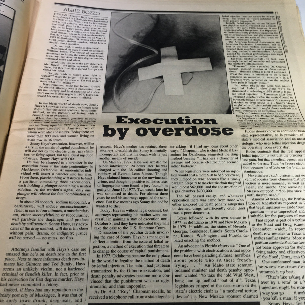 Interior view of the VTG Soho News Newspaper dated September 16-22, 1981, featuring the article 'Execution by overdose' discussing the implications of drug-related executions and issues of capital punishment.