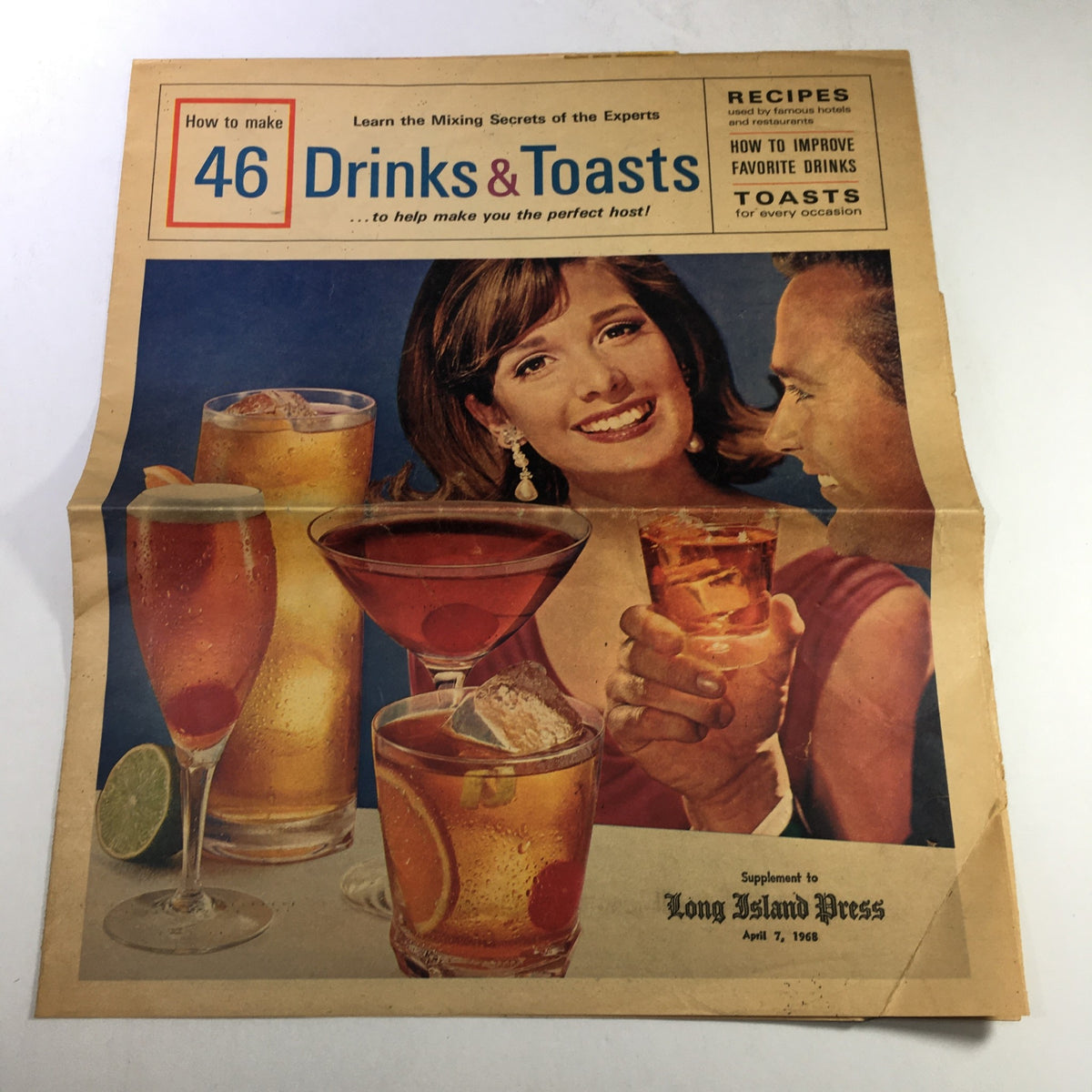 VTG Long Island Press Newspaper April 7 1968 featuring drinks and toasts, showcasing a woman holding a cocktail with various beverages.