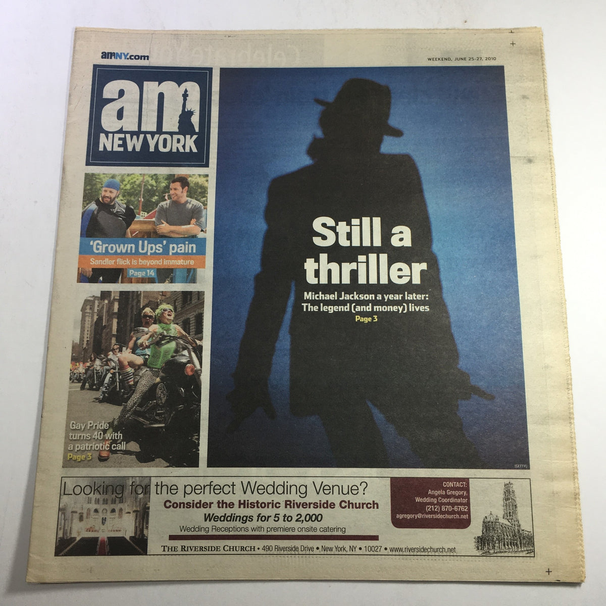 AM New York Metro June 25-27 2010 featuring Michael Jackson on the cover, with the headline 'Still a Thriller,' reflecting on his legacy.