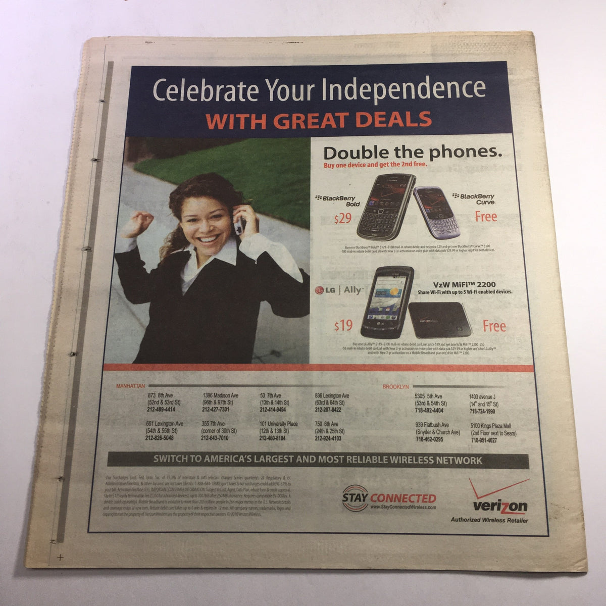 Advertisement in AM New York Metro June 25-27 2010 promoting Verizon's wireless plans with an image of a woman using a smartphone.