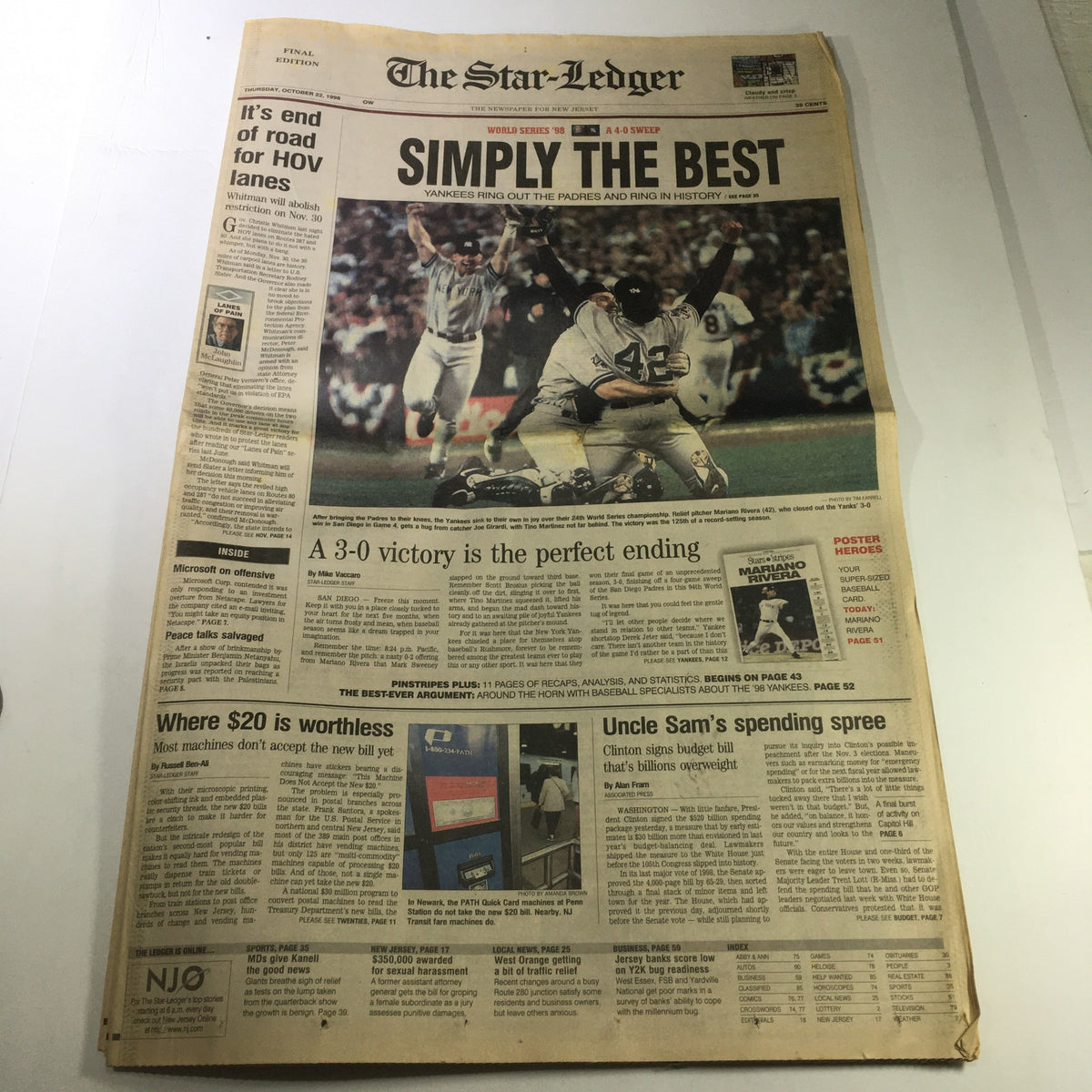 VTG The Star-Ledger Newspaper October 22 1998 featuring a headline that reads 'Simply the Best' and highlights a 3-0 victory, showcasing the excitement of the New York Yankees' game.