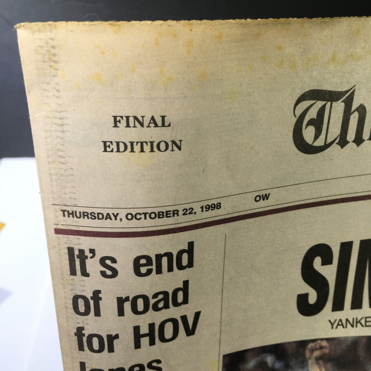 Close-up of the final edition headline of VTG The Star-Ledger Newspaper, dated Thursday, October 22, 1998, indicating it is the last issue and discussing major local news such as HOV lanes.