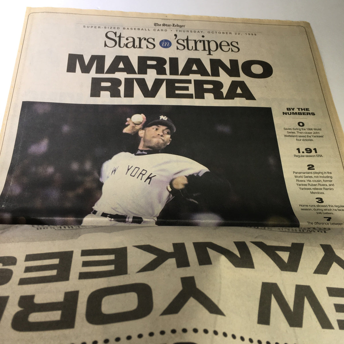 VTG The Star-Ledger Newspaper October 22 1998 featuring Mariano Rivera on the sports page under the title 'Stars in Stripes,' highlighting his impressive statistics and role in the Yankees' success.