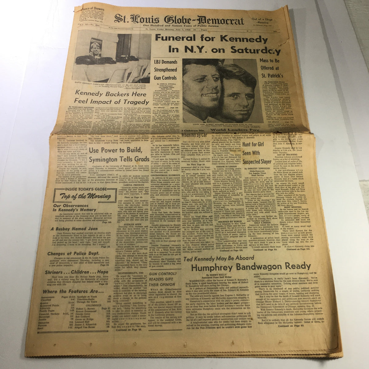 VTG St. Louis Globe-Democrat Newspaper from June 7, 1968, featuring the headline 'Funeral for Kennedy in N.Y. on Saturday' alongside images of John and Robert Kennedy, capturing a significant moment in U.S. history.