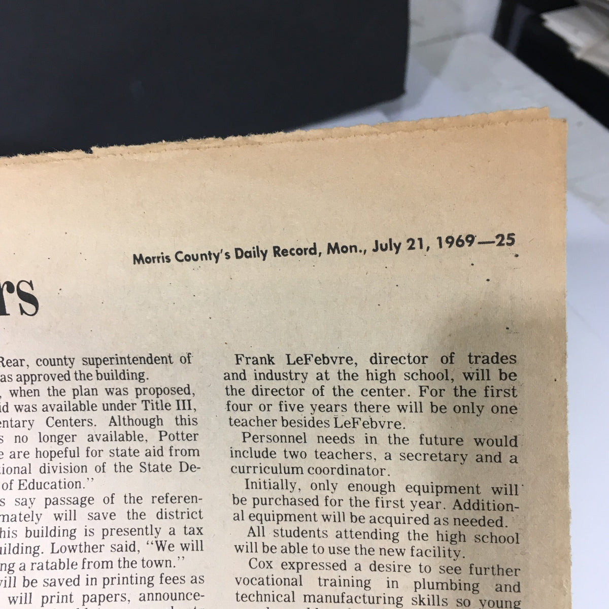 Vintage Morris County Daily Record July 21, 1969, detailing educational matters with the newspaper's date and identification.