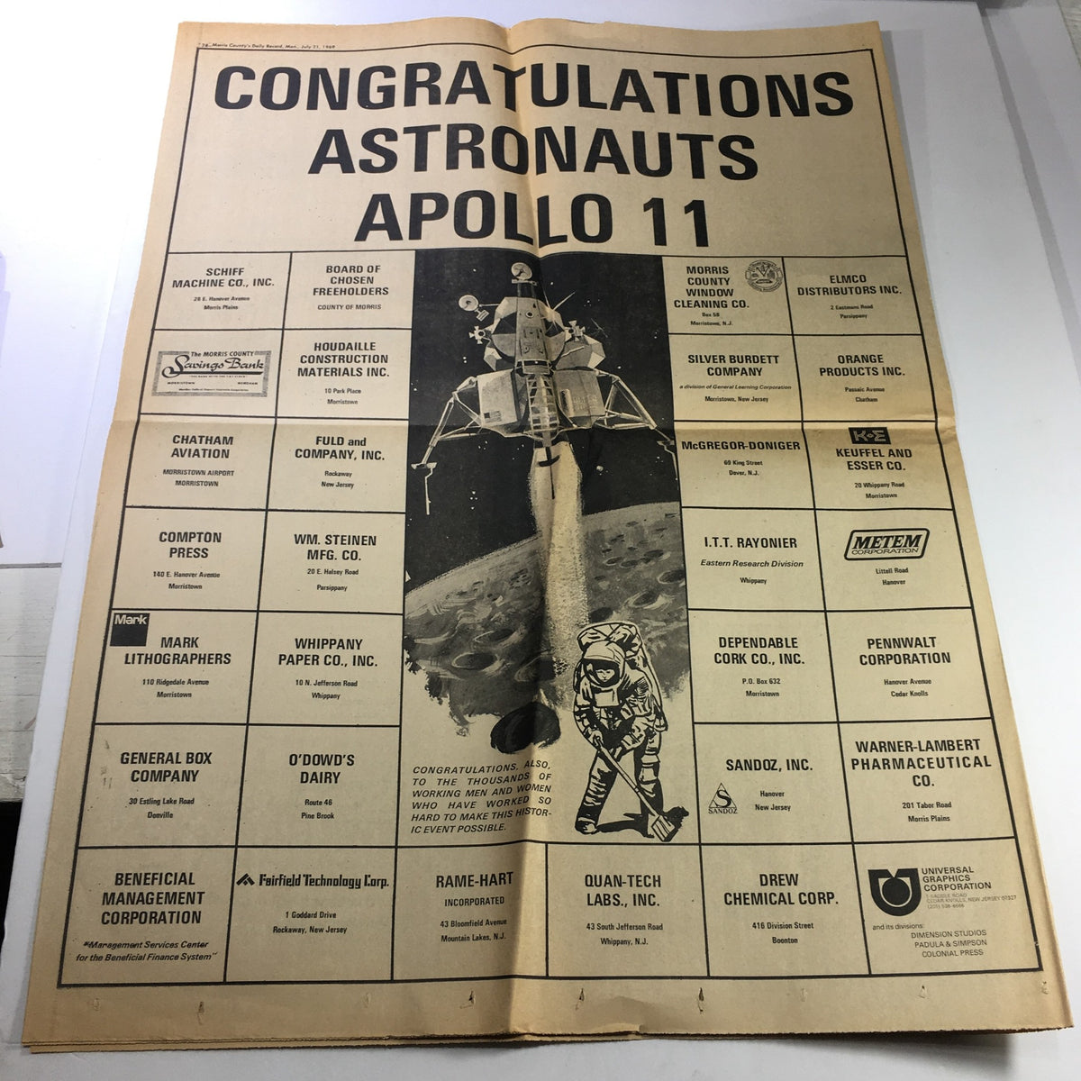 Vintage Morris County Daily Record July 21, 1969, celebrating Apollo 11 with a detailed illustration of the lunar module and congratulatory message.