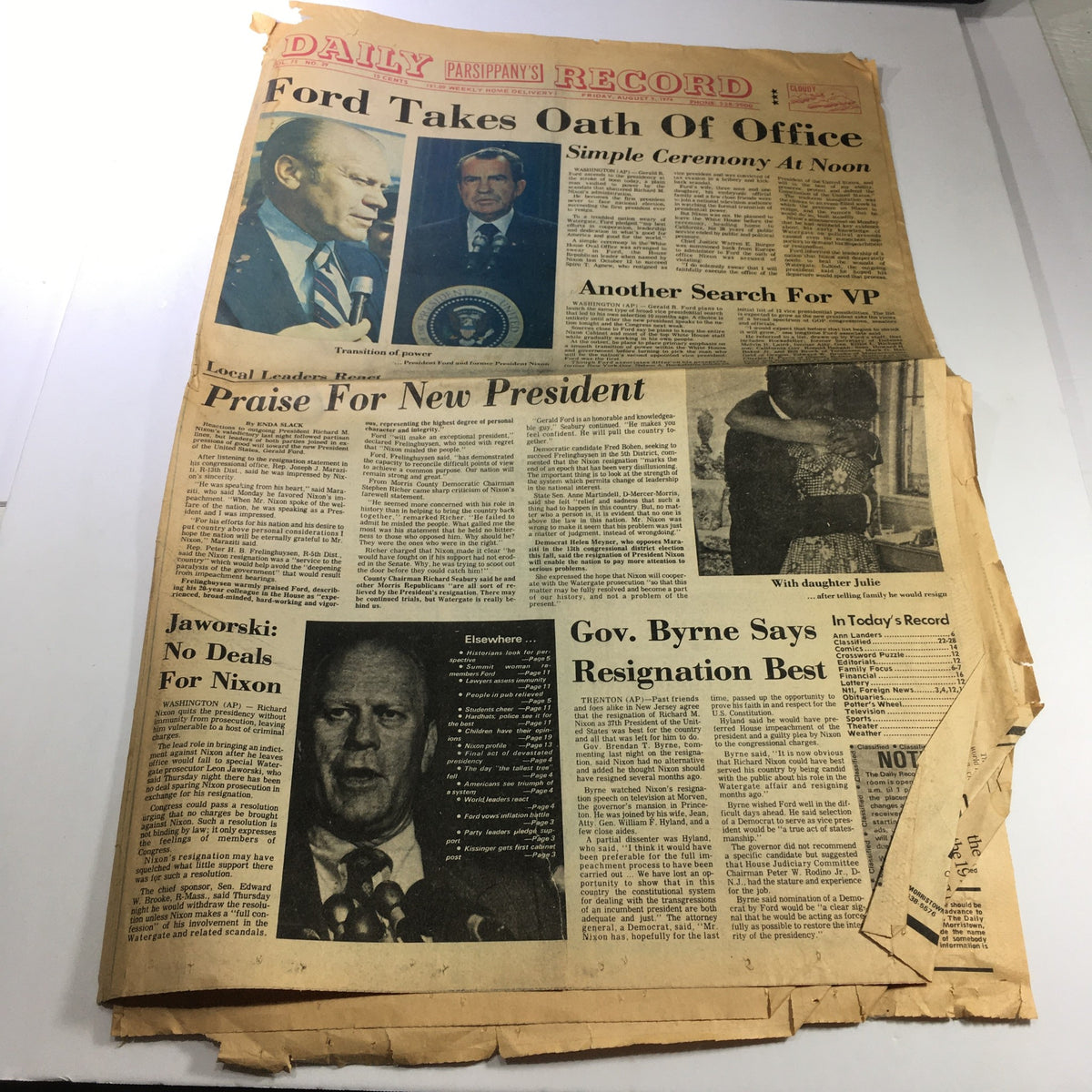 VTG The Daily Record Newspaper August 9 1974 front page featuring headlines about Ford taking oath of office and Nixon's resignation, showcasing historical political events.