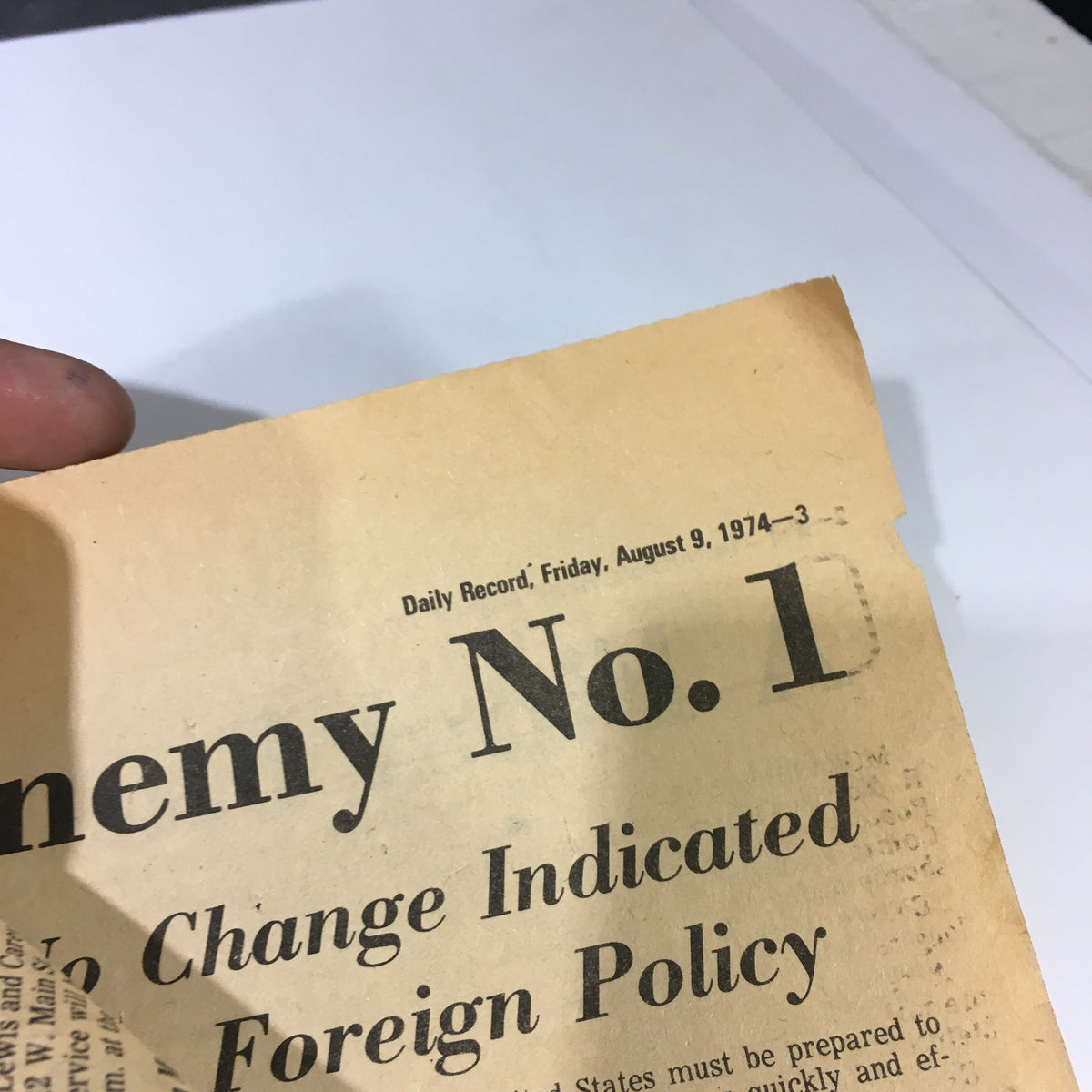 VTG The Daily Record Newspaper August 9 1974 showcasing the headline 'Enemy No. 1' related to foreign policy, with visible wear on the edges.
