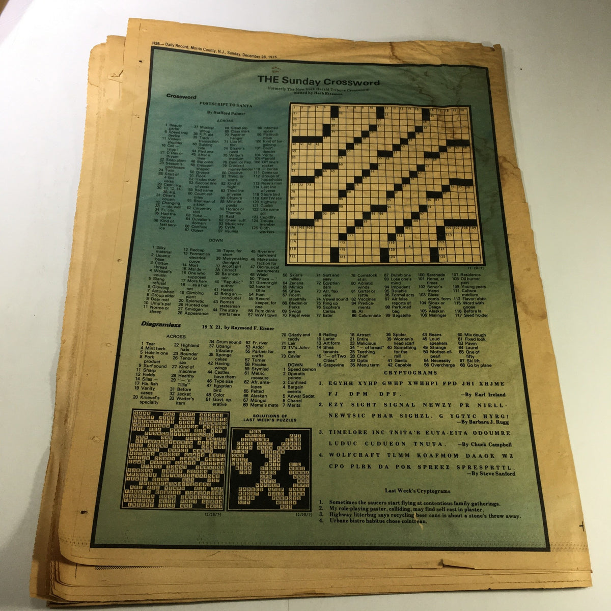 The Sunday crossword from The Sunday Daily Record, dated December 28, 1975, highlighting a popular activity of the time, alongside the context of the Karen Anne Quinlan court case.