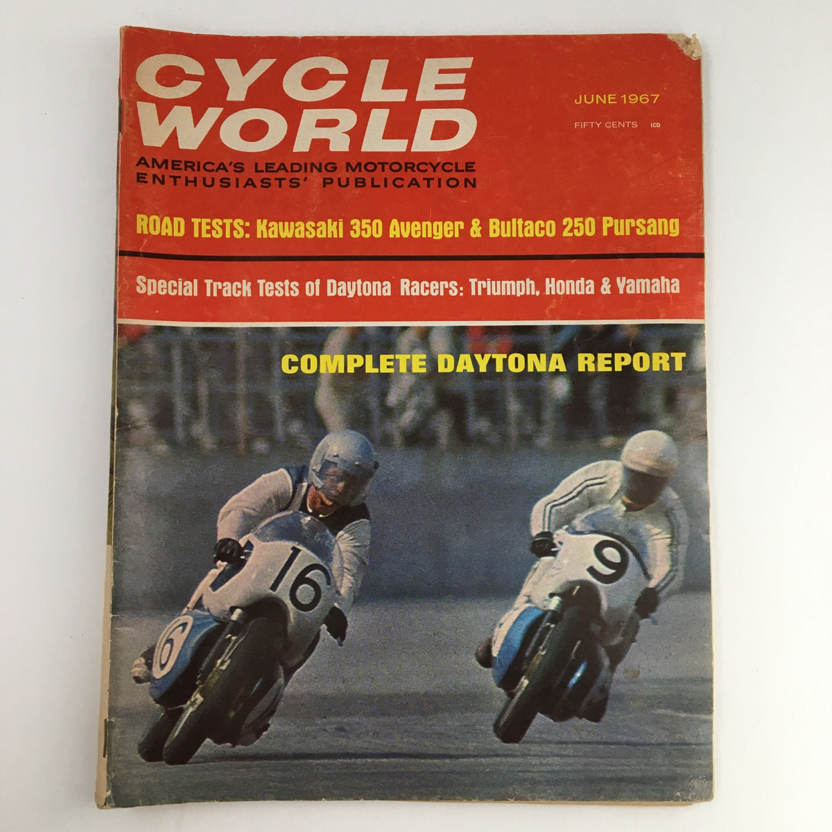 Cycle World Magazine June 1967 featuring a cover with the Kawasaki 350 Avenger and Bultaco 250 Pursang, highlighting road tests and motorcycle racing reports from Daytona.