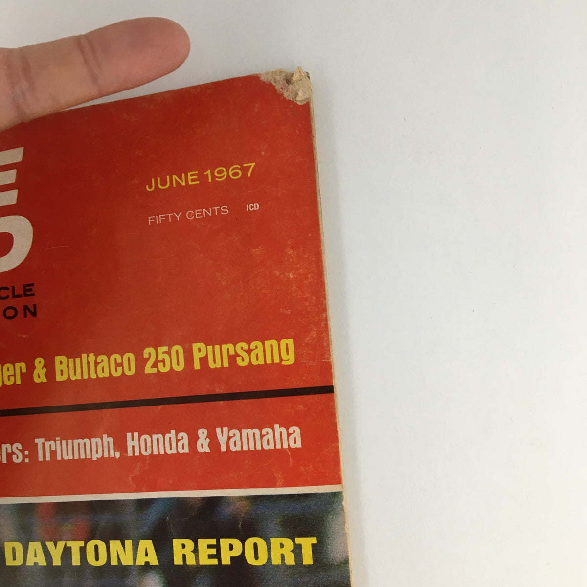 Cover of Cycle World Magazine June 1967 featuring the Kawasaki 350 Avenger and Bultaco 250 Pursang, showing minor wear and featuring the publication's title prominently.