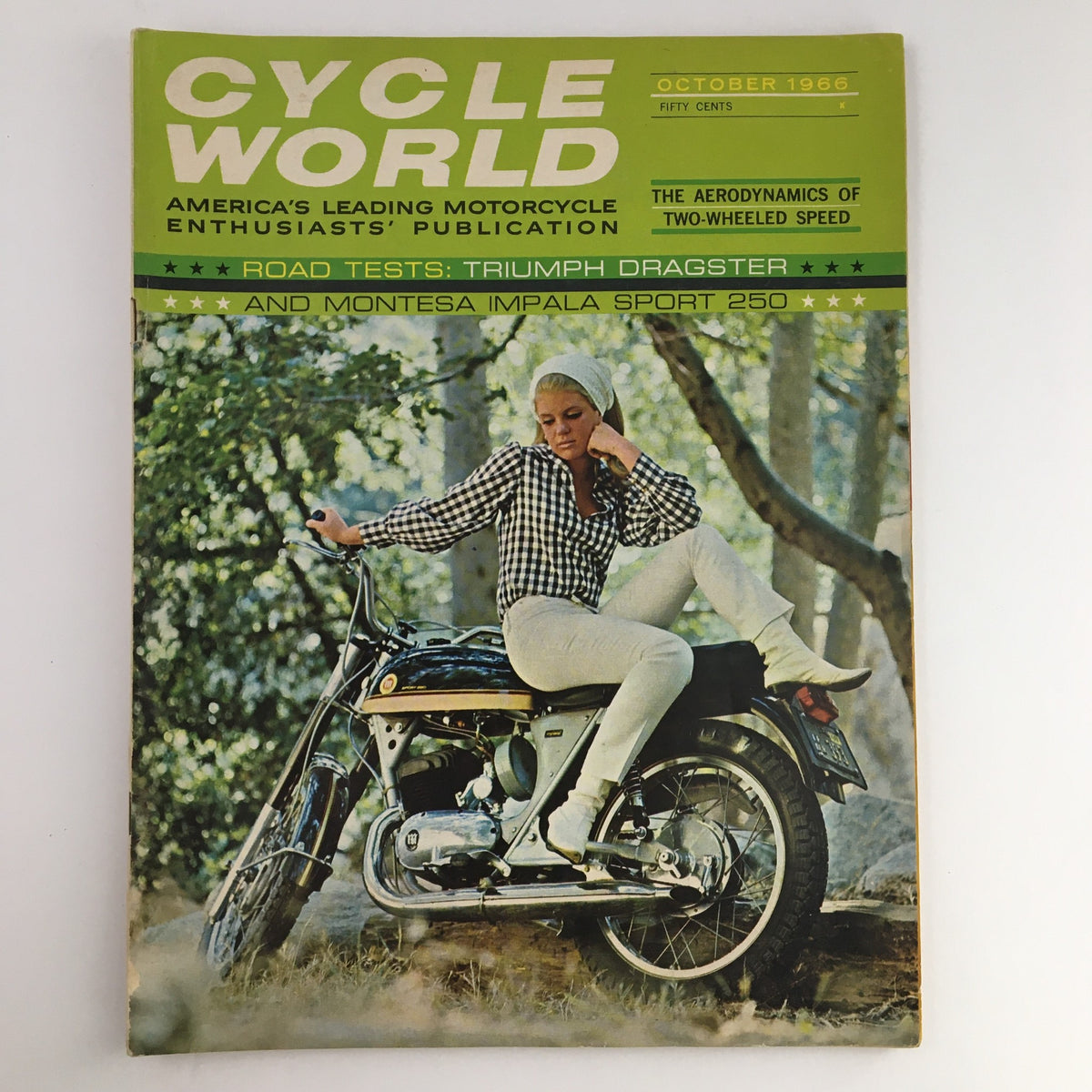 Cycle World Magazine October 1966 featuring a woman on a Triumph Dragster motorcycle, highlighting vintage motorcycle culture.