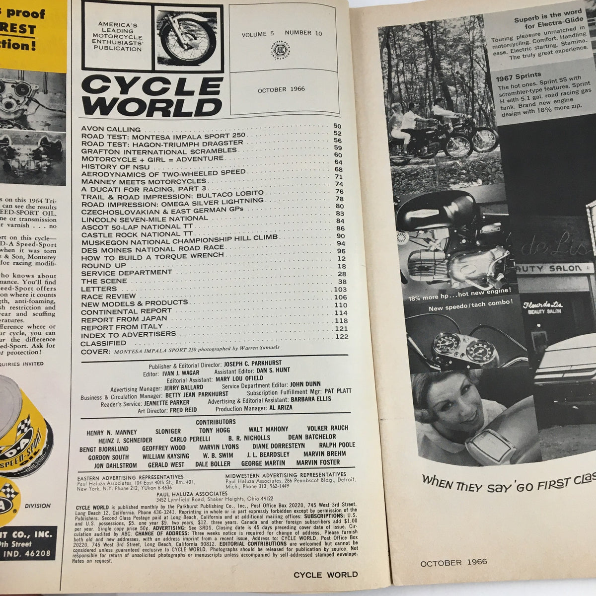 Cycle World Magazine October 1966 interior showing the table of contents, showcasing articles on Triumph Dragster and Montesa Impala 250.