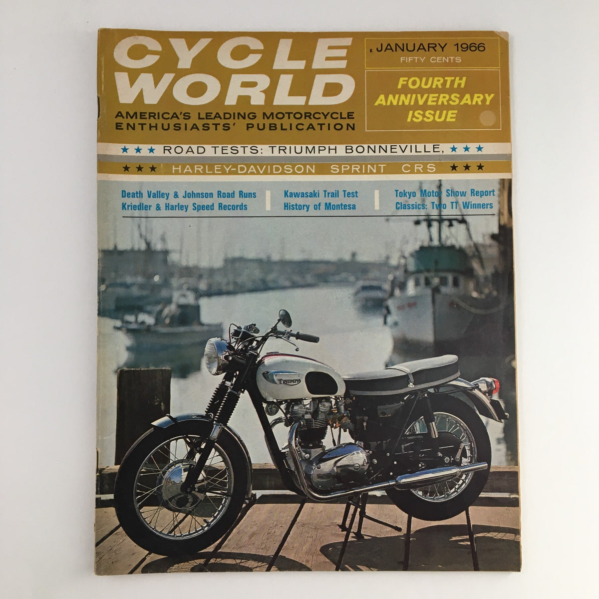 Cycle World Magazine January 1966 featuring the Triumph Bonneville and Harley-Davidson Sprint on the cover, showcasing classic motorcycle culture.