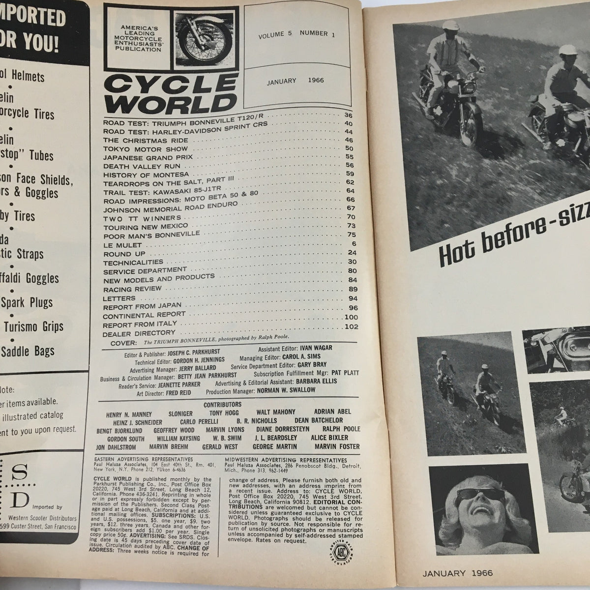 Inside view of Cycle World Magazine January 1966, displaying the contents page that includes road tests for Triumph Bonneville and Harley-Davidson Sprint.