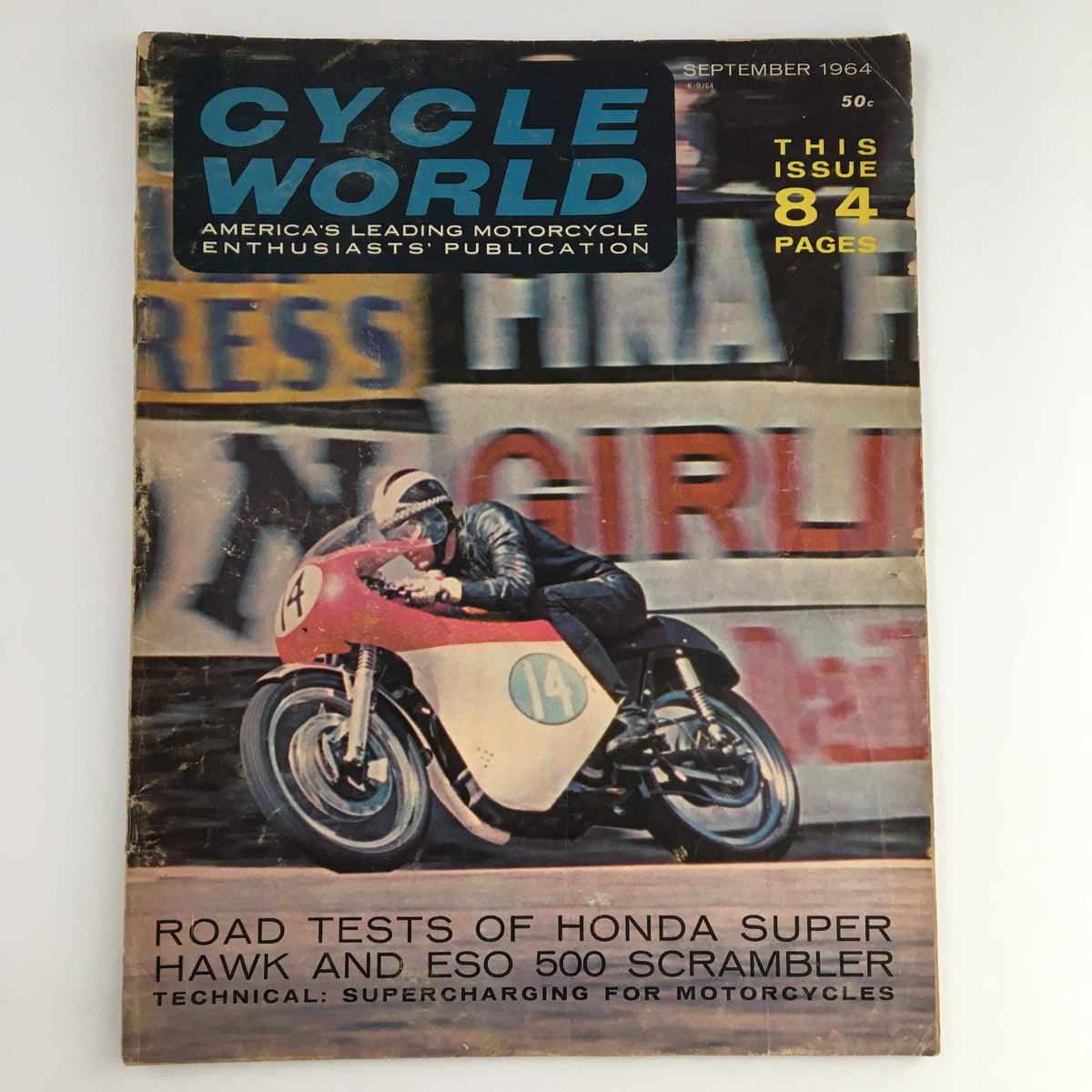 Cycle World Magazine September 1964 cover featuring an action shot of motorcycle racing, highlighting the Honda Super Hawk and Eso 500 test with vibrant graphics, ideal for vintage magazine collectors.