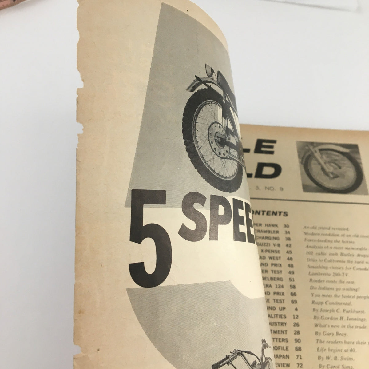 Inside page of Cycle World Magazine September 1964, featuring contents and visually showcasing a motorcycle image with '5 Speed' text, valuable for motorcycle history enthusiasts.