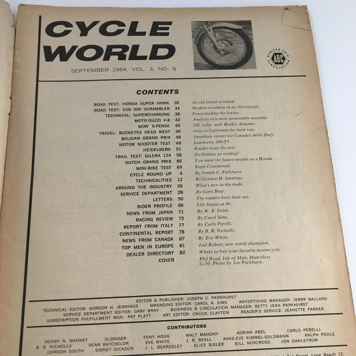 Cycle World Magazine September 1964 cover showcasing contents including Honda Super Hawk and Eso 500 test. A vintage collectible reflecting 1960s motorcycle culture.
