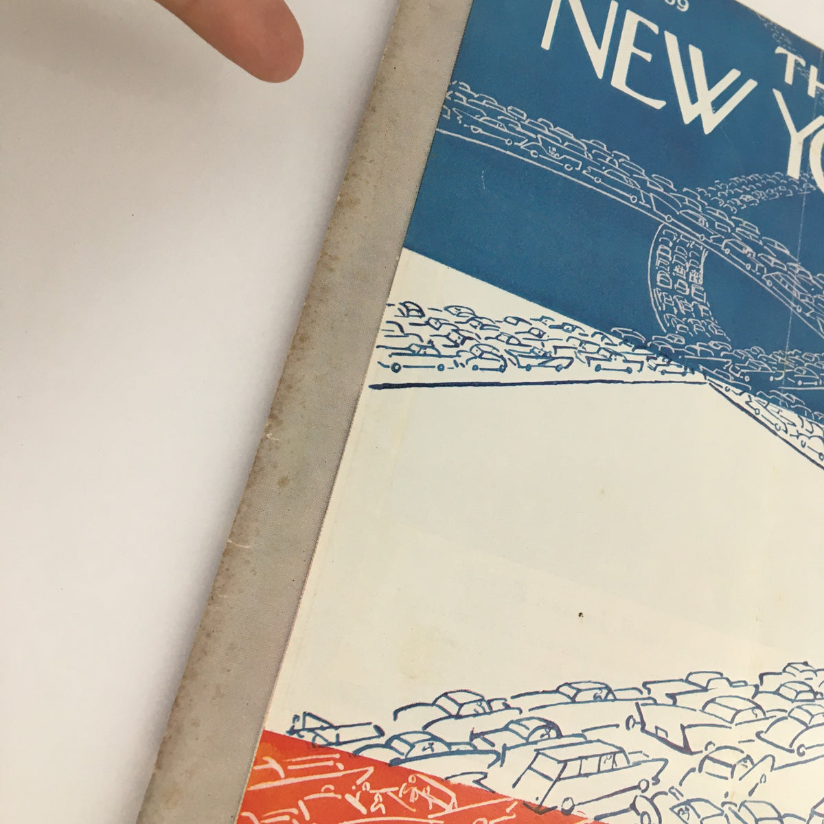 Detailed side view of The New Yorker Magazine July 4, 1959 cover designed by Anatol Kovarsky, highlighting the unique artistic depiction of a sprawling traffic scene.