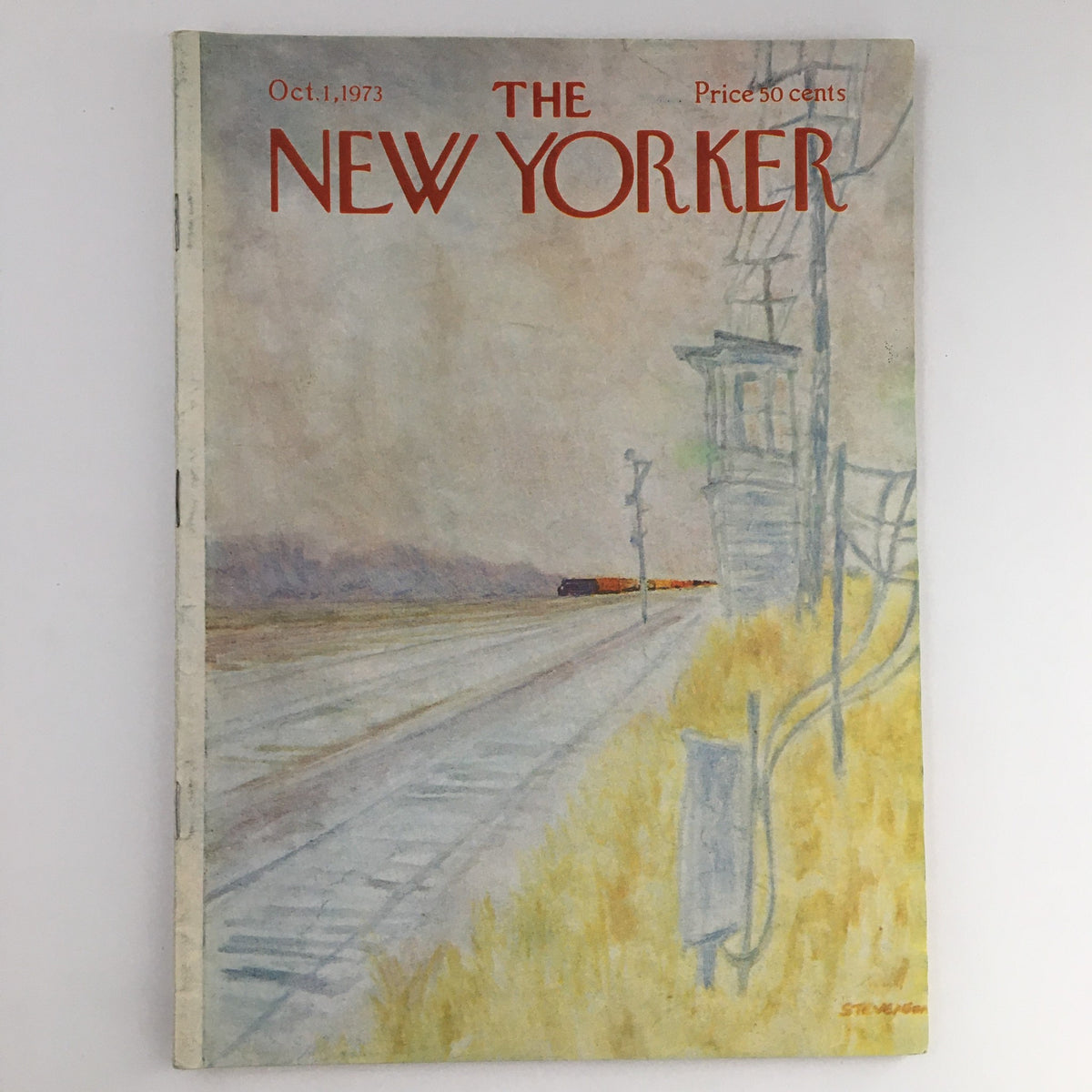 Cover of The New Yorker Magazine October 1 1973 featuring artwork by James Stevenson, depicting a serene landscape with train tracks and signaling equipment.