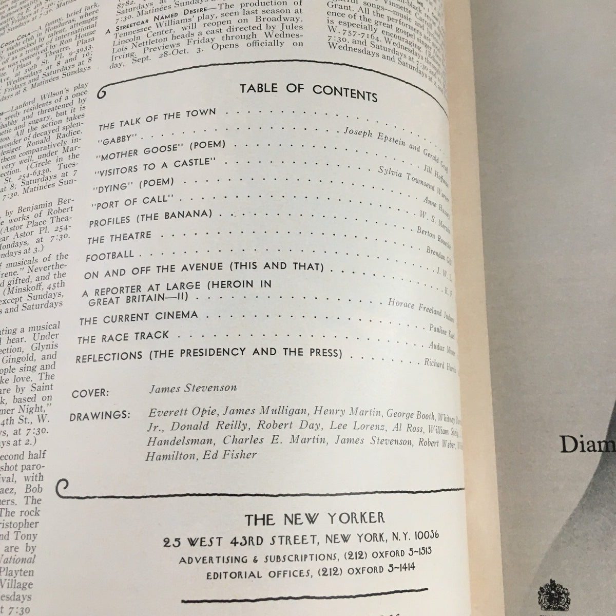 Table of contents from The New Yorker Magazine October 1, 1973, showcasing articles and contributions, including cover art by James Stevenson.