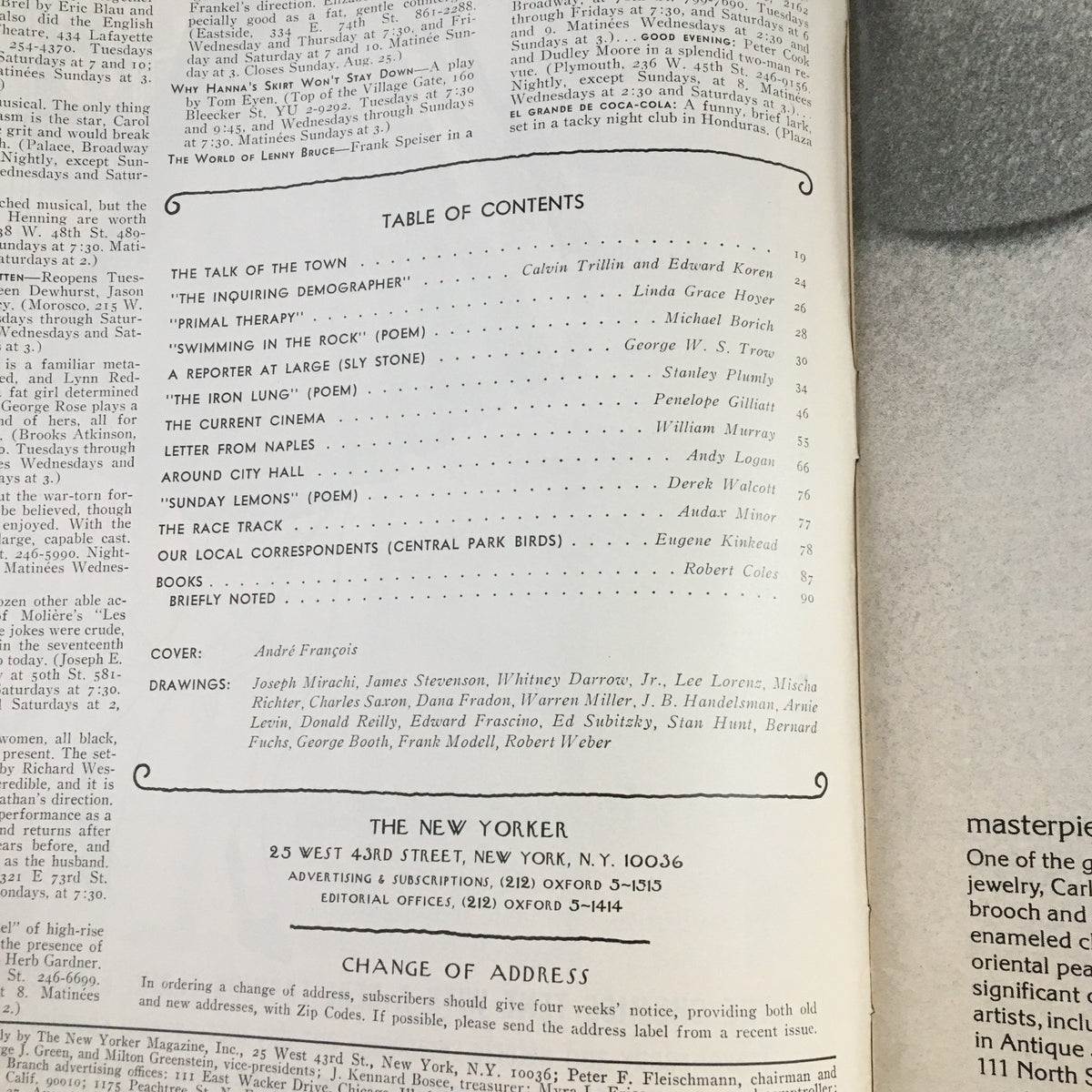 Interior view of The New Yorker Magazine August 26 1974, highlighting the table of contents and cover information written by Andre Francois.