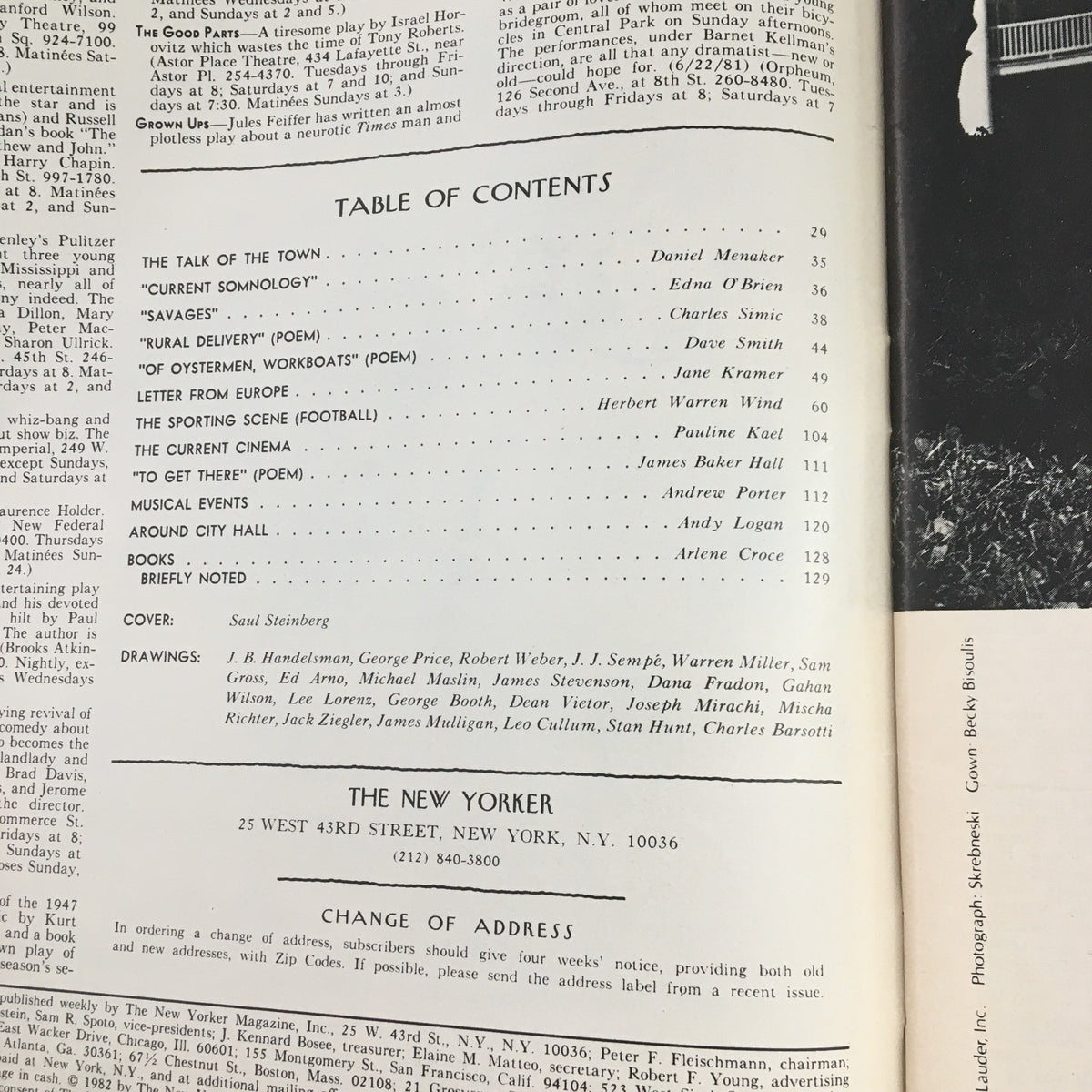 Table of contents from The New Yorker Magazine January 18 1982, highlighting articles and features, including the cover by Saul Steinberg.