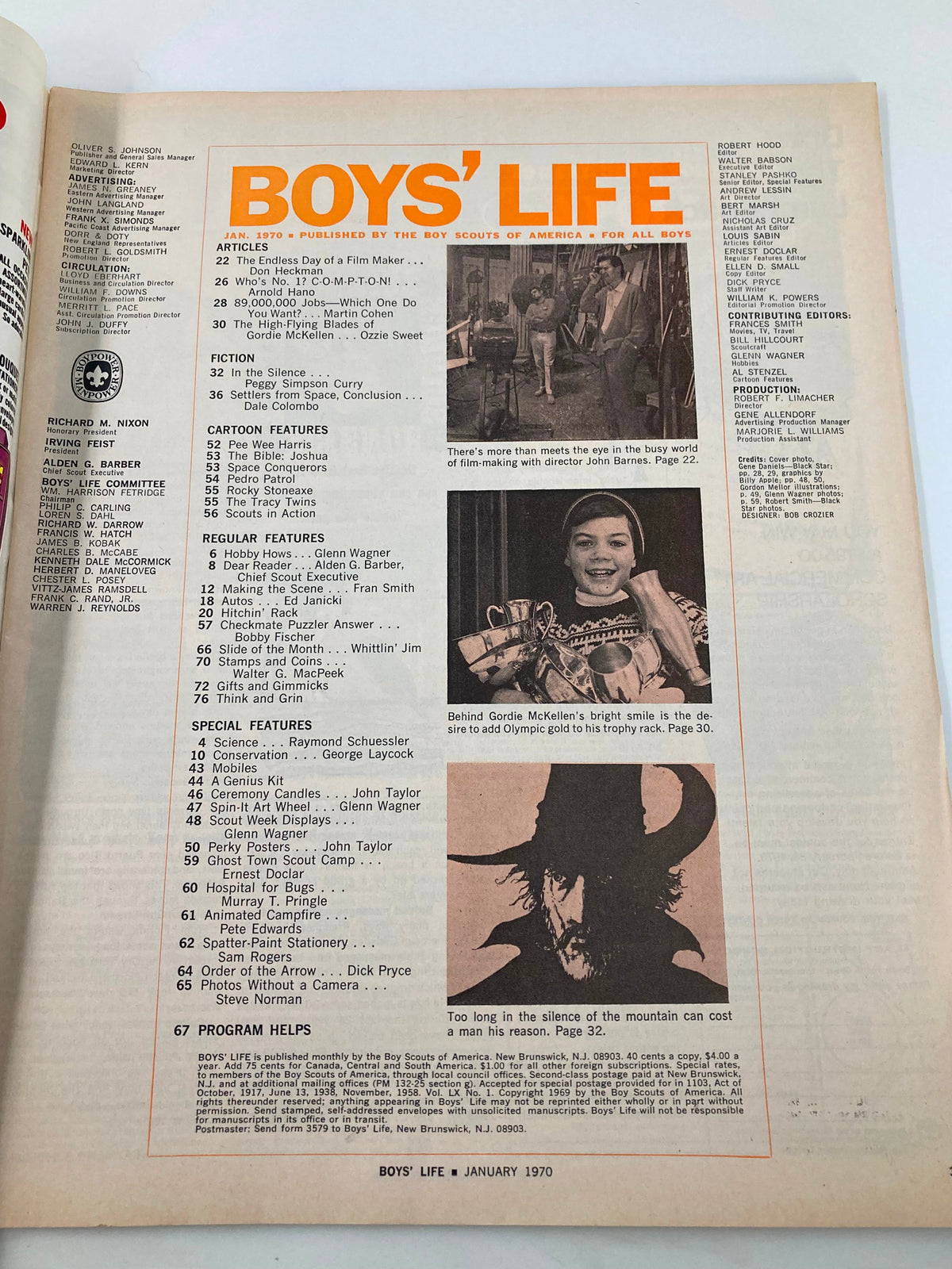 Inside page of Boys' Life Magazine January 1970 listing articles and features, including 'The Endless Day of a Film Maker' by Don Heckman, symbolizing the magazine's focus on adventure and creativity.