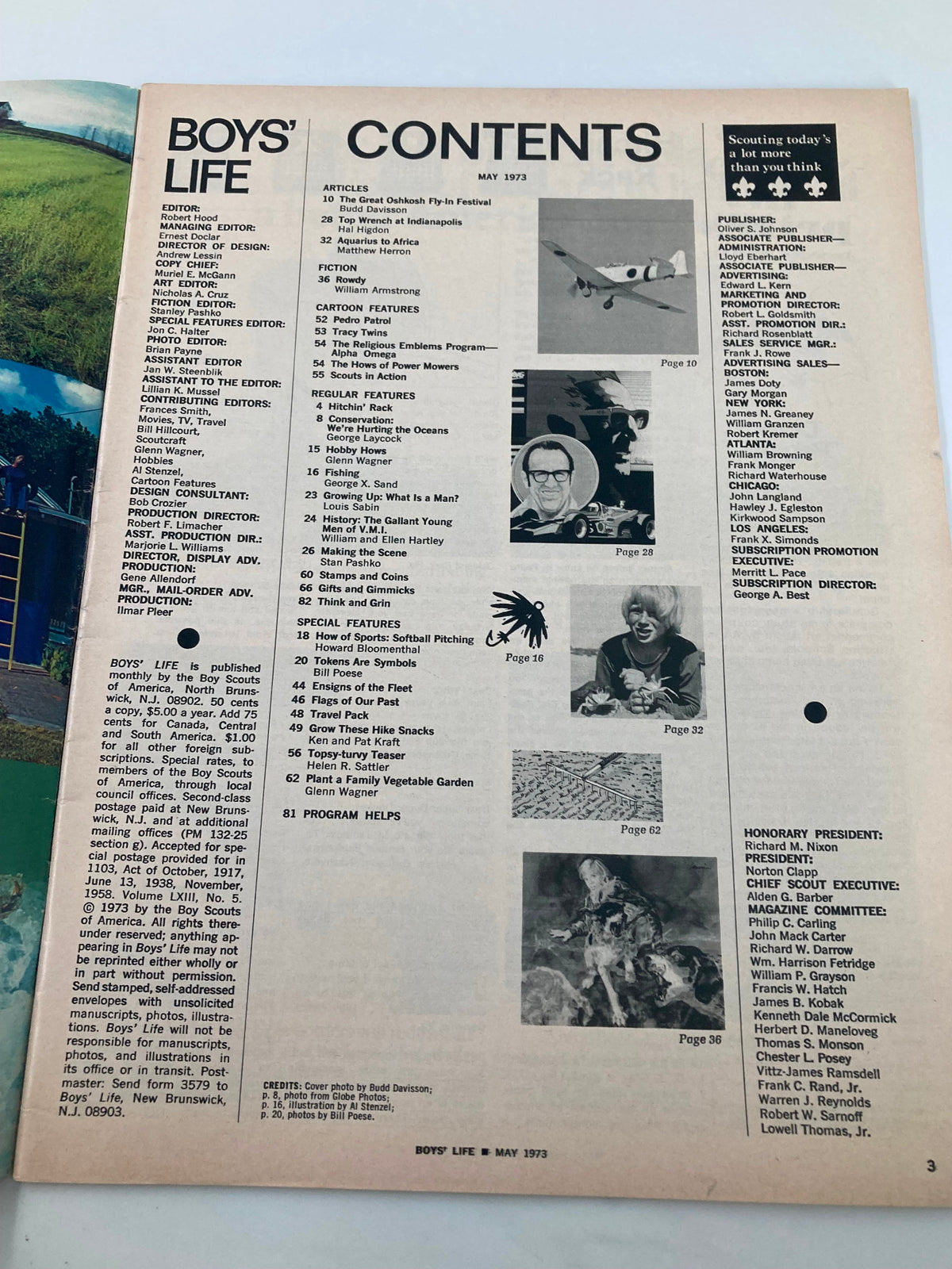 Contents page from the Boys' Life Magazine May 1973 featuring articles including The Great Oshkosh Fly-In Festival, contributions from various authors, and regular features. This vintage magazine provides a nostalgic glimpse into the interests of youth during the 1970s.