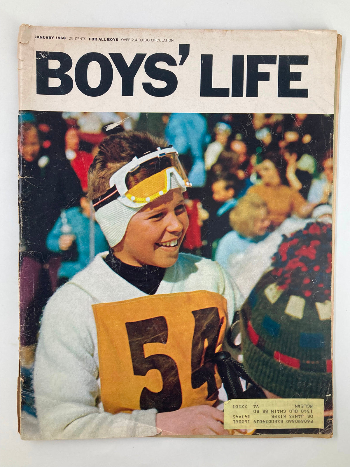 Vintage Boys' Life Magazine cover from January 1968 featuring a young boy with the number 54 on his chest, embodying the adventurous spirit of youth. This cover highlights Bill Rowan and The Six Transistors.