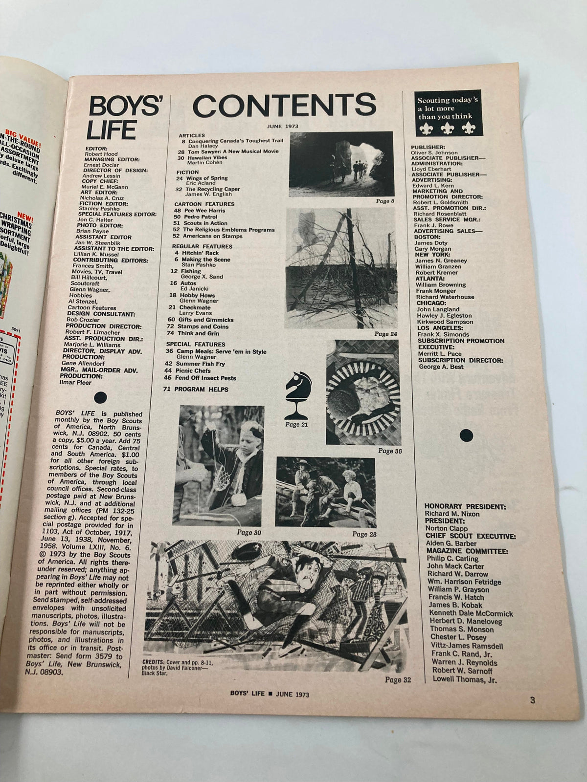 Table of contents page from VTG Boys' Life Magazine June 1973, listing articles including 'Conquering Canada's Toughest Trail' and various features from the magazine.