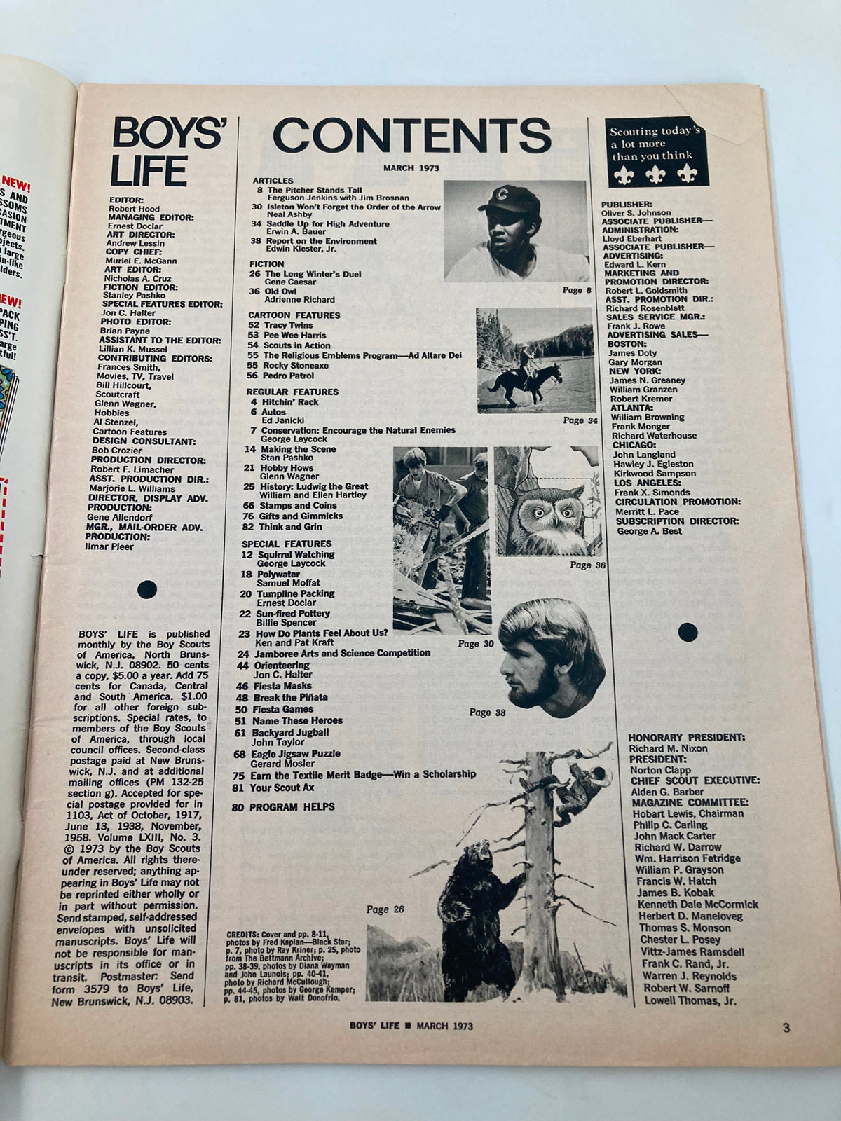 Inside page of VTG Boys' Life Magazine March 1973 displaying the contents section, highlighting articles and features related to baseball and scouting.