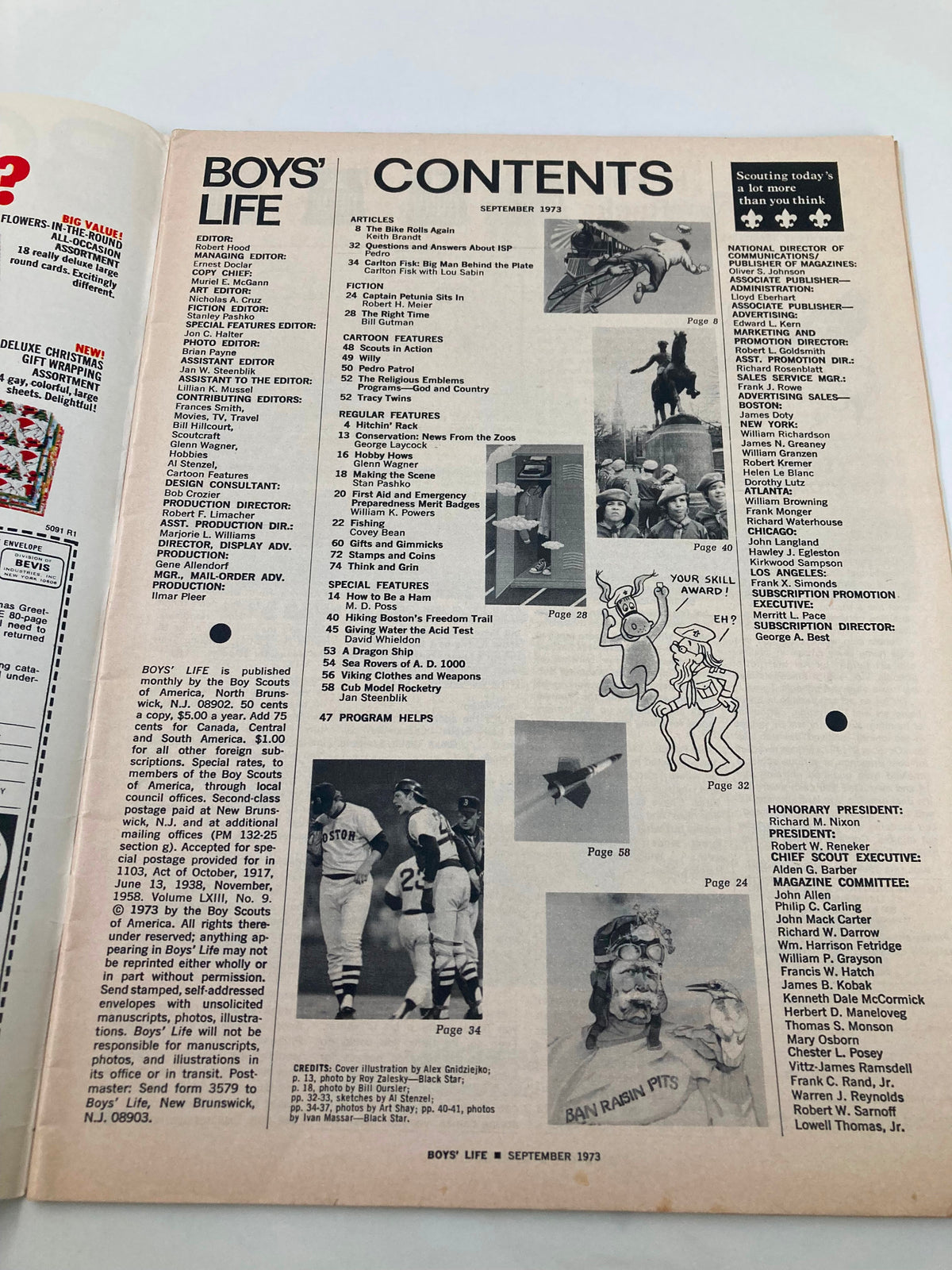 Interior page of Boys' Life Magazine September 1973 showing the table of contents, listing various articles and features including 'The Bike Rolls Again' and scouting topics.