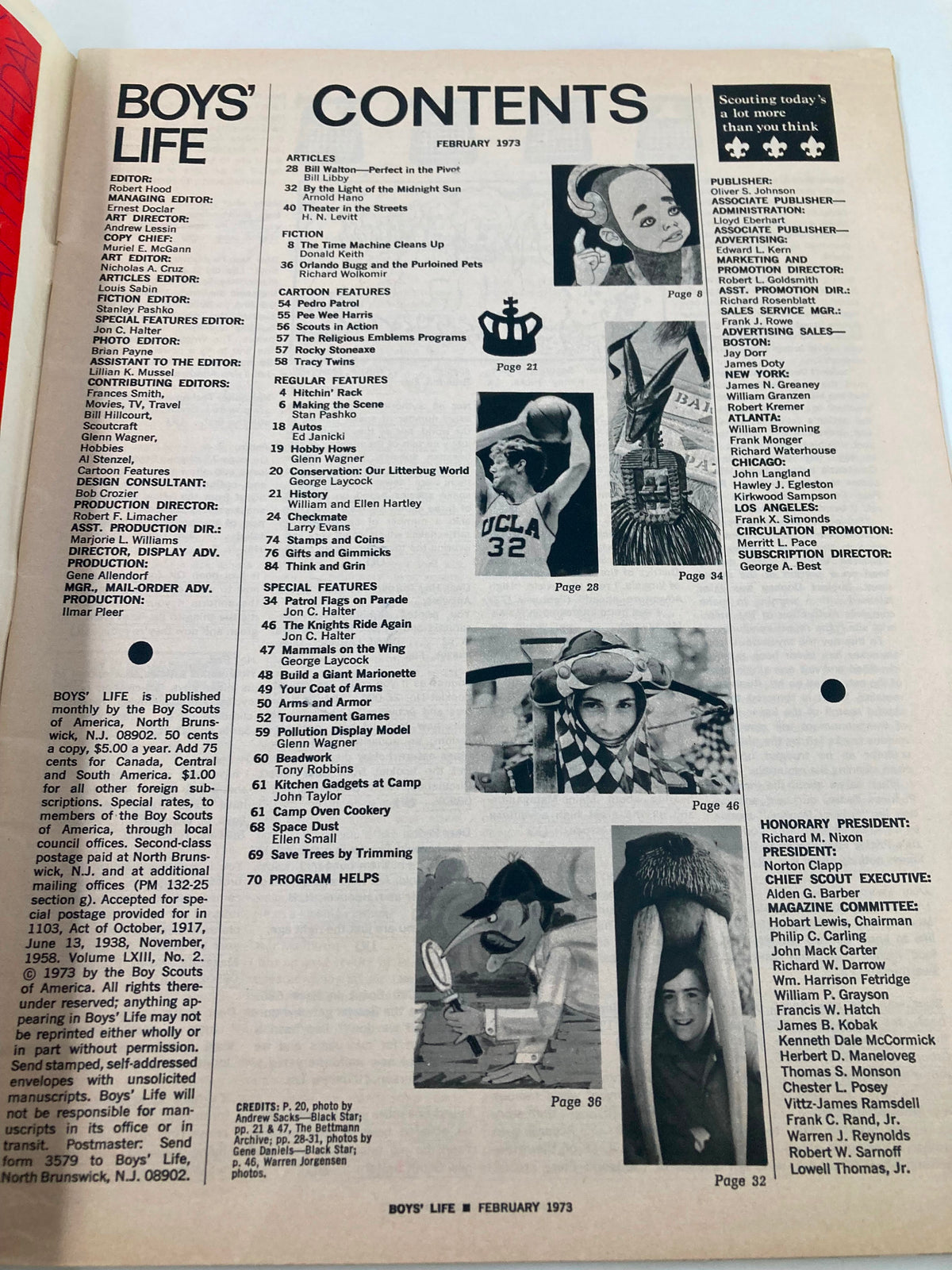Contents page of VTG Boys' Life Magazine February 1973 detailing articles, features, and illustrations, including the article "Bill Walton—Perfect in the Pivot."