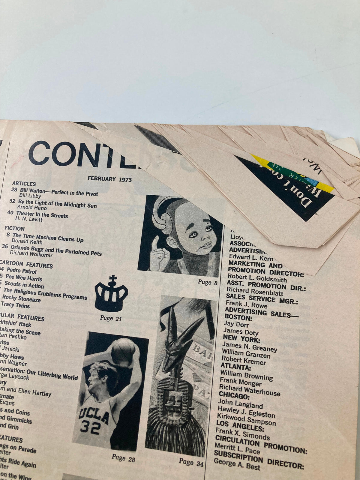 Table of contents page from VTG Boys' Life Magazine February 1973, showcasing featured articles including 'By The Light of the Midnight Sun' and illustrations.