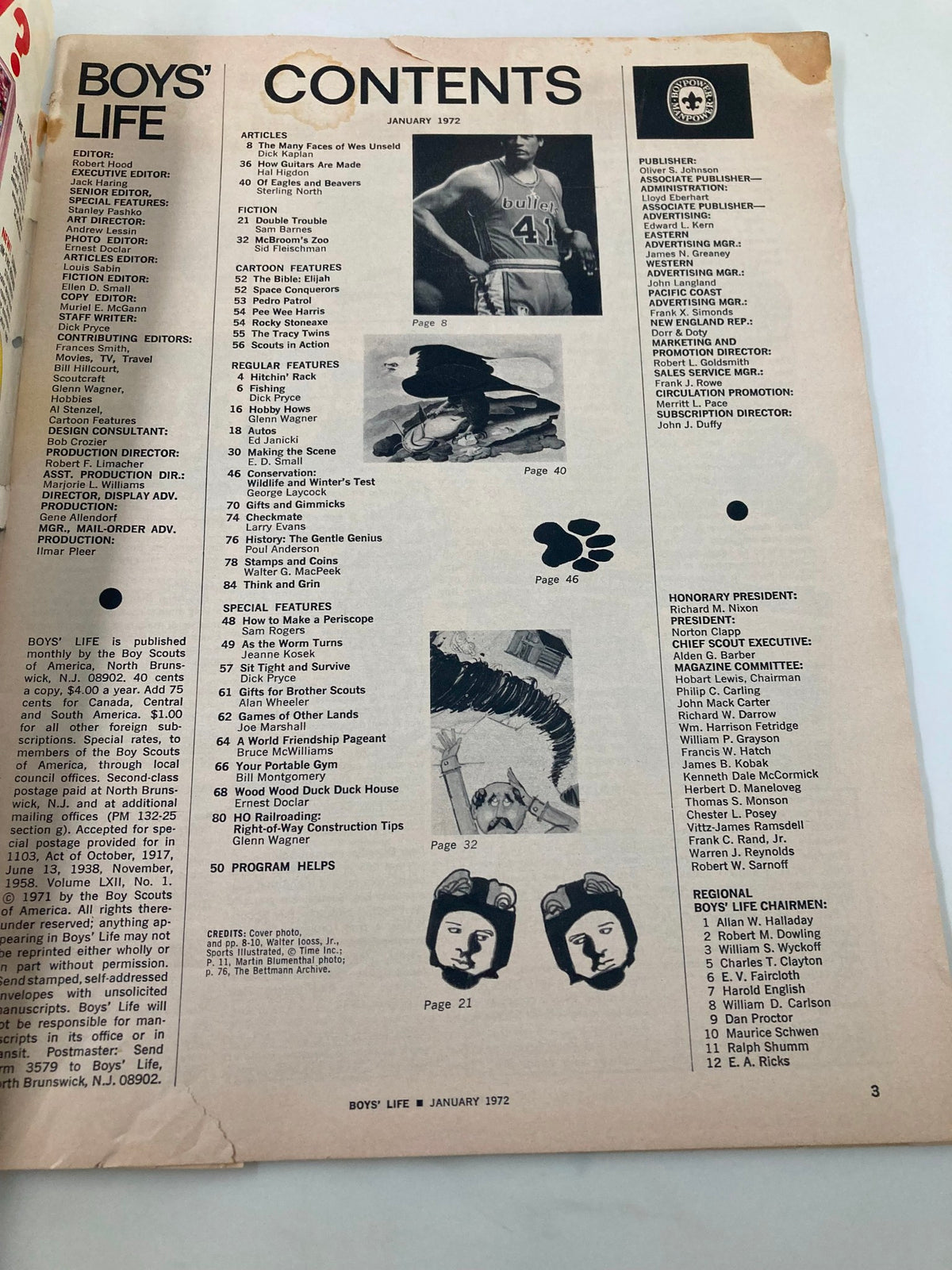 Inside content page of VTG Boys' Life Magazine January 1972 detailing articles, including 'The Many Faces of Wes Unseld' by Dick Kaplan.