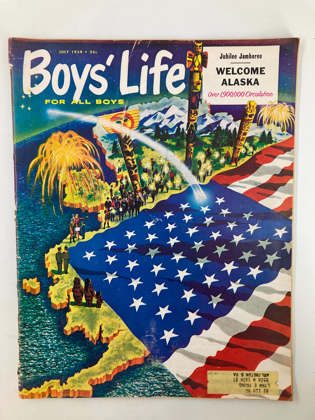 Cover of VTG Boys' Life Magazine July 1959 featuring the theme "Jubilee Jamboree" and a warm "Welcome to Alaska" with vibrant illustrations of fireworks and a totem pole.