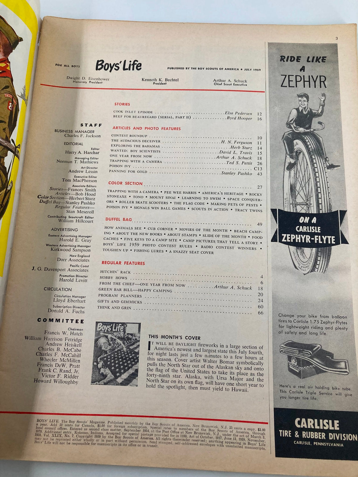 Inside page of VTG Boys' Life Magazine July 1959 showcasing the staff and article contents, including topics on adventure and exploration appropriate for boys of the era.