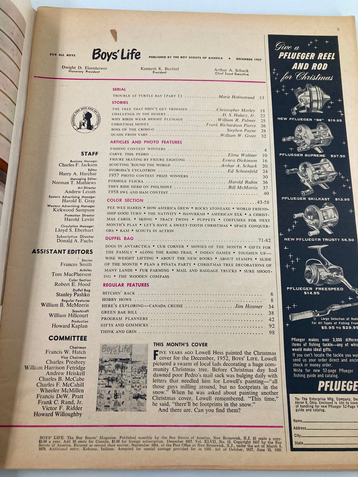 Interior page of the December 1957 Boys' Life Magazine, including the table of contents and features for the issue, highlighting stories and articles such as 'The Tree That Didn't Get Trimmed'.