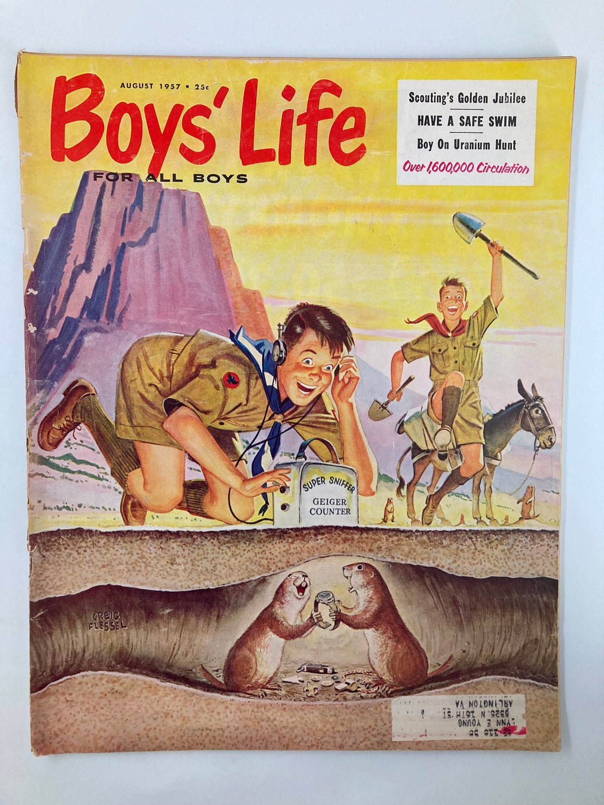 Cover of Boys' Life Magazine August 1957 featuring the theme 'Scouting's Golden Jubilee' with illustrations of boys engaging in outdoor activities and a message about safe swimming.