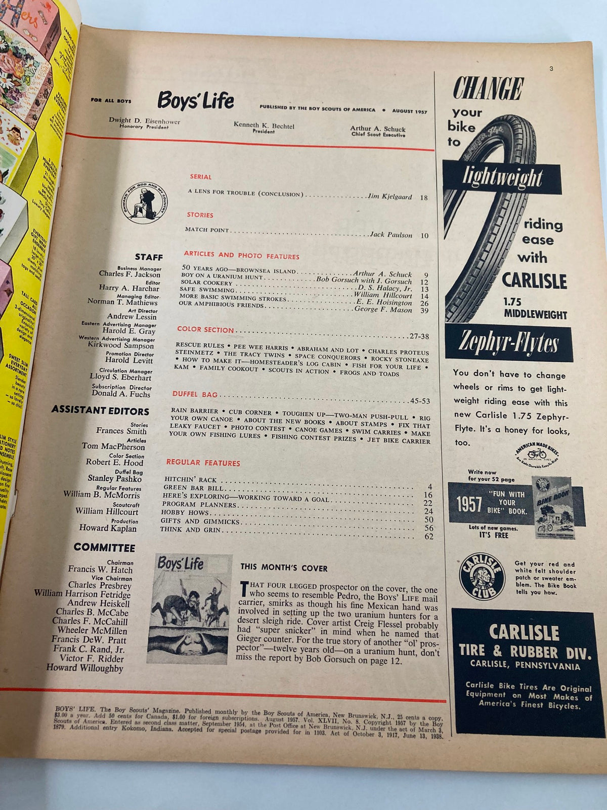 Inside page of Boys' Life Magazine August 1957 showcasing the staff and articles of the issue including features on scouting, summer safety, and more.