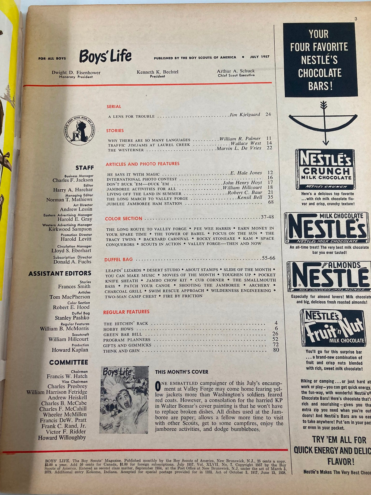 Inside page of the VTG Boys' Life Magazine July 1957, listing articles and staff, including the story A Long March to Valley Forge.