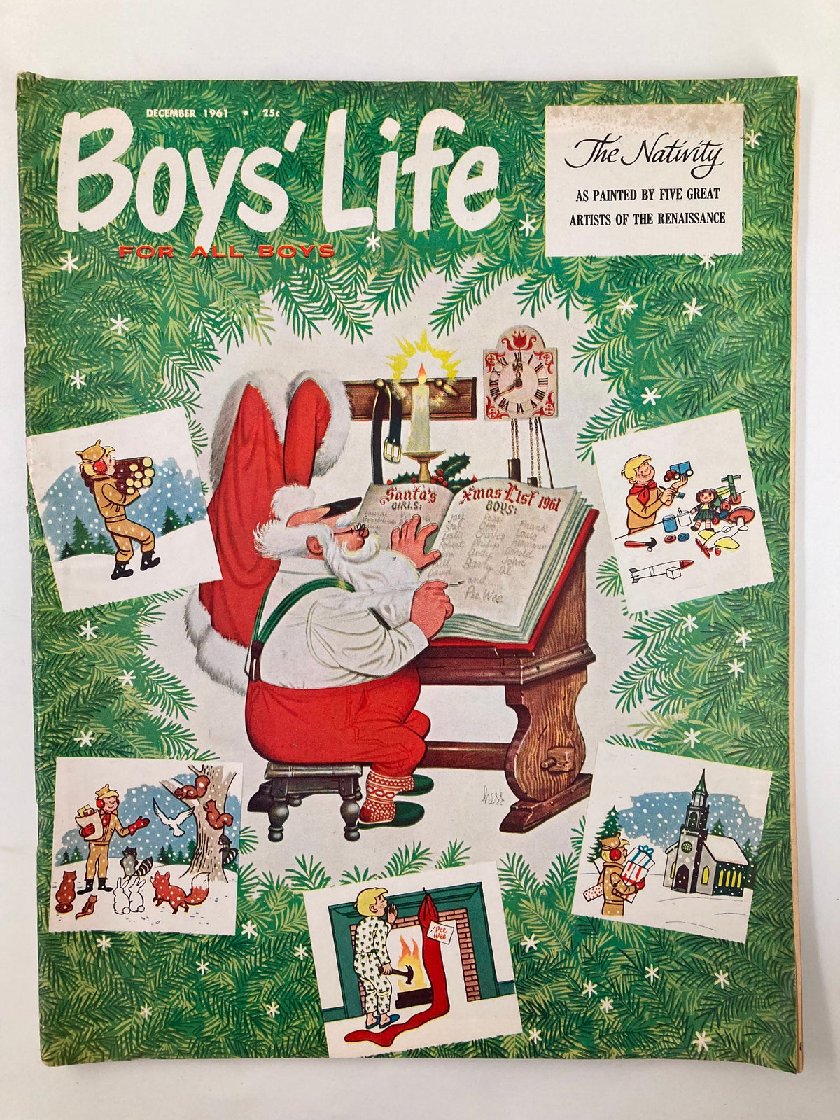 Vintage Boys' Life Magazine December 1961 featuring Santa reading from a book surrounded by festive Christmas illustrations, celebrating the holiday spirit and nostalgia from the early 1960s.
