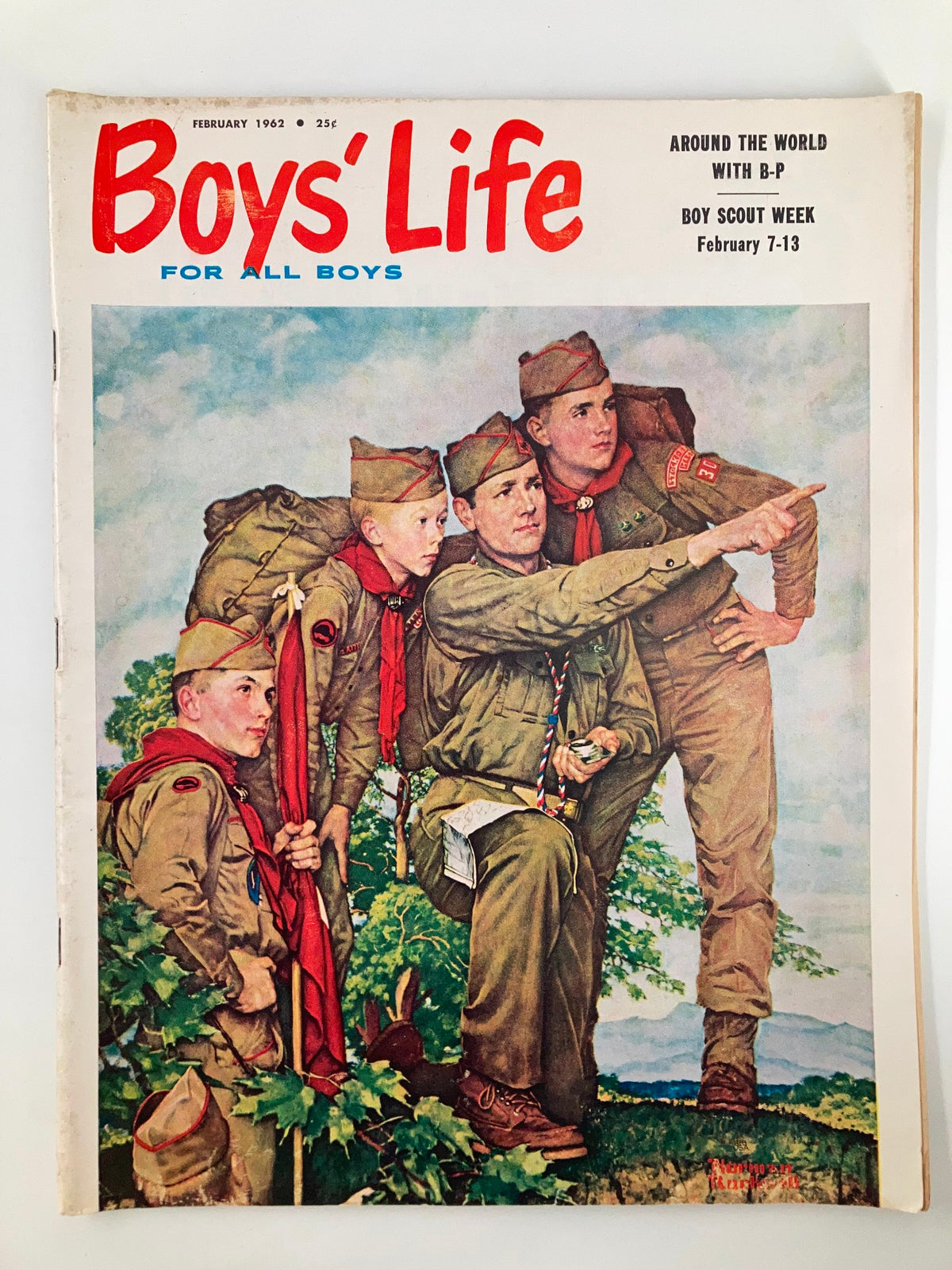 Cover of VTG Boys' Life Magazine February 1962 featuring the theme 'Around The World with B-P', showcasing four boys in scouting attire engaged in adventure.