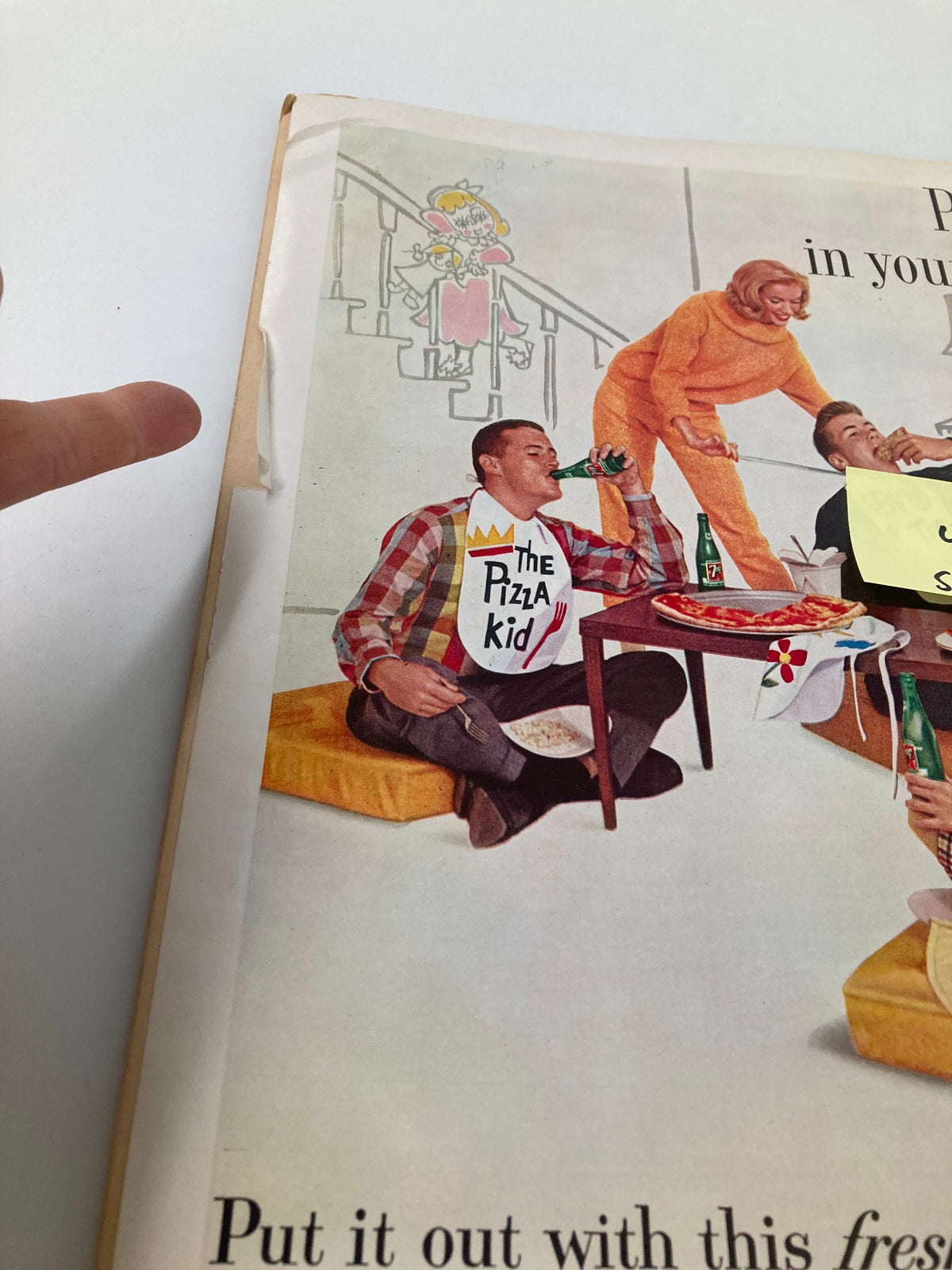 Back cover of VTG Boys' Life Magazine February 1962 showing a nostalgic illustration with a humorous 'Pizza Kid' theme, highlighting the playful essence of the era.