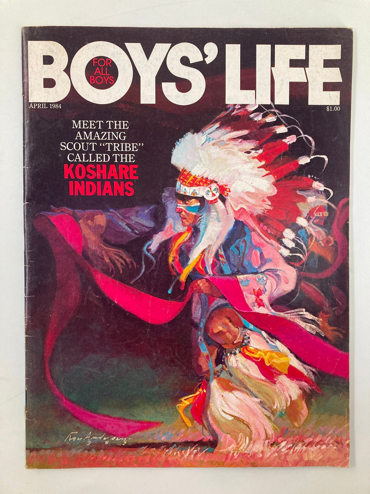 VTG Boys' Life Magazine April 1984 cover featuring the Amazing Scout Tribe Koshare Indians with vibrant artwork.