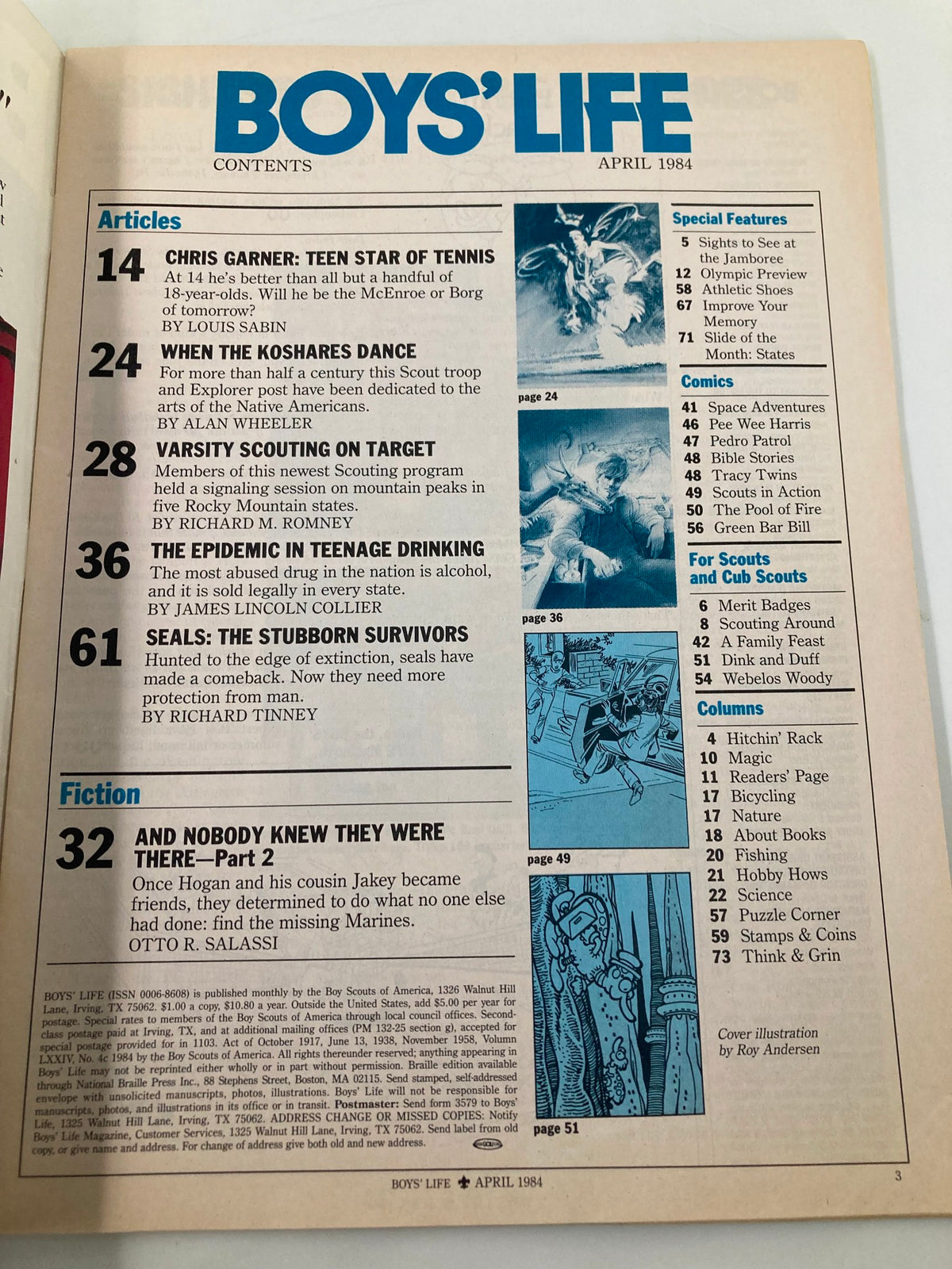 Inside contents page of the VTG Boys' Life Magazine April 1984 detailing articles and features including the Koshare Dance.