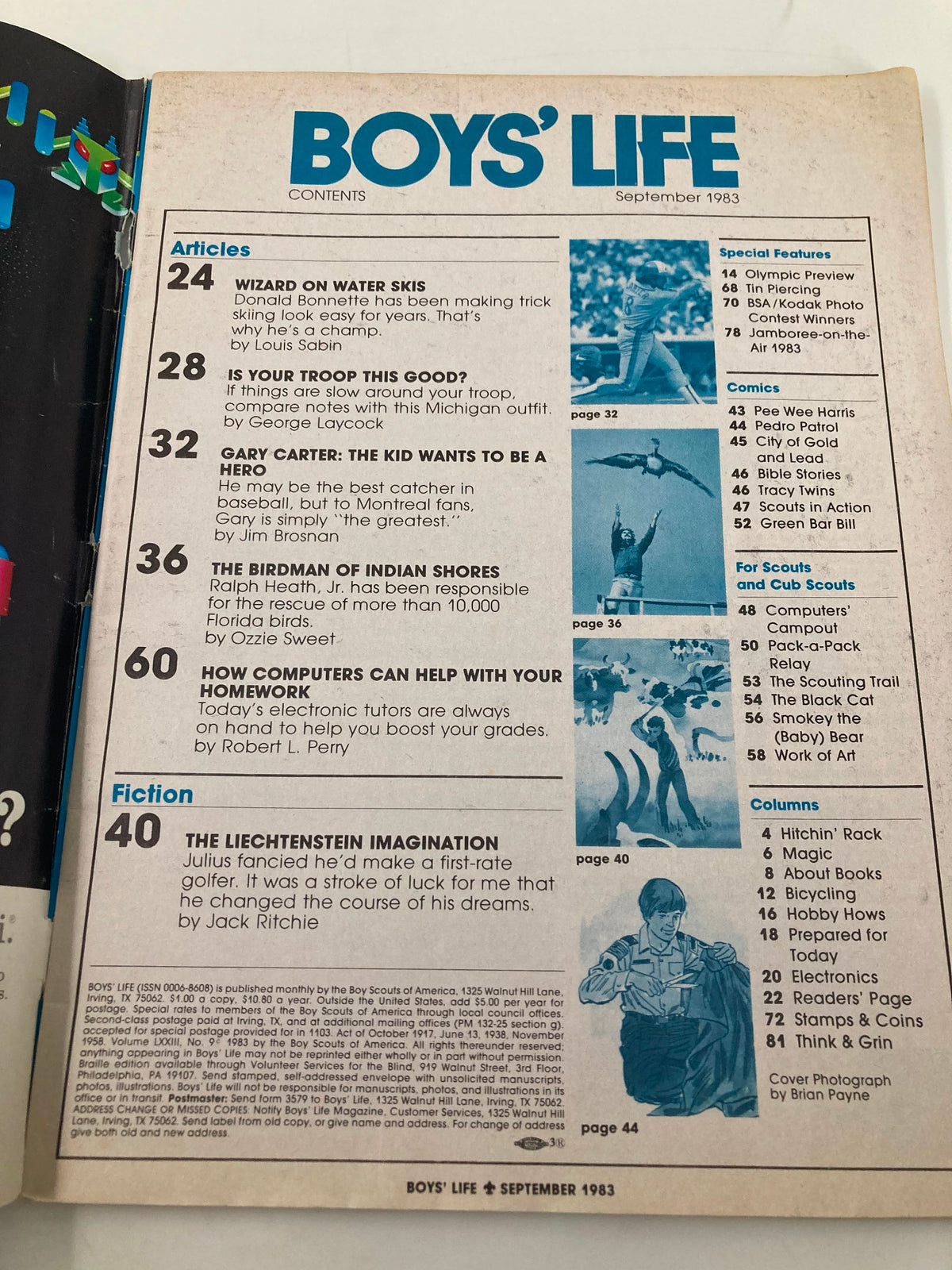 Contents page of VTG Boys' Life Magazine September 1983 highlighting articles including 'Wizard on Water Skis' by Donald Bonnette and features for young adventurers.
