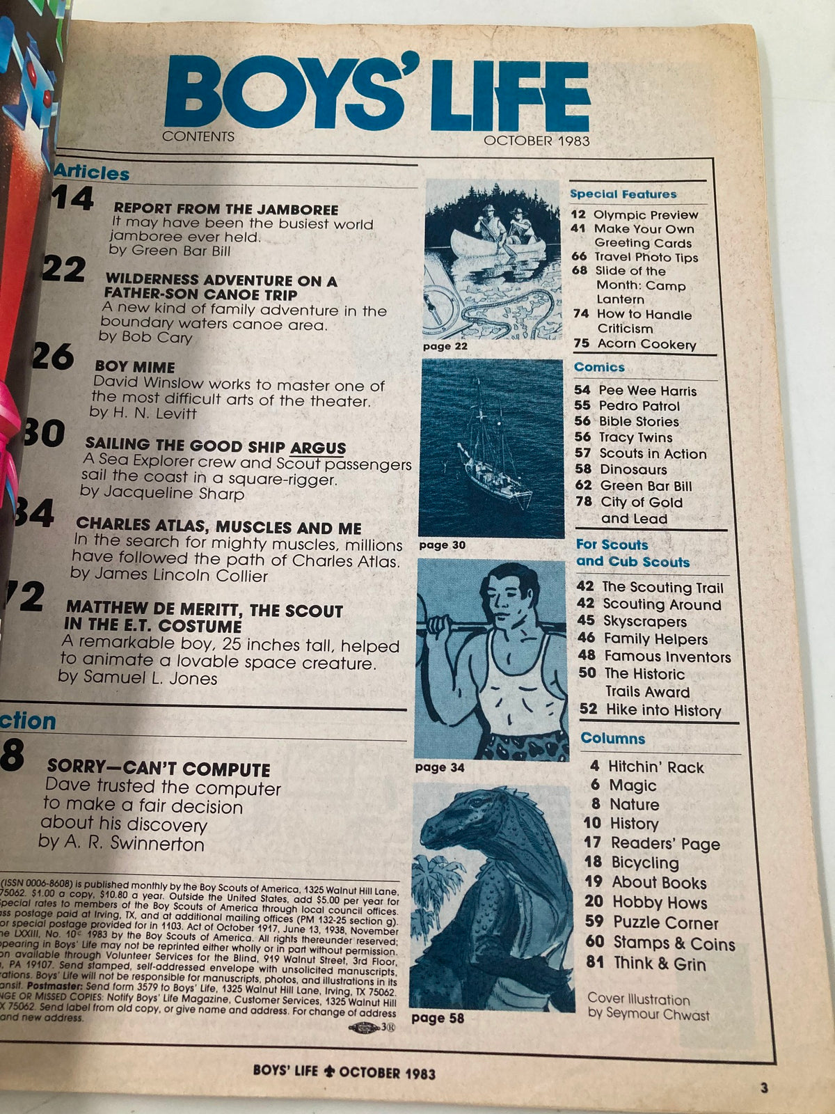 Interior page of Boys' Life Magazine from October 1983, presenting the contents section with articles listed. This page reflects the magazine's focus on scouting, adventure, and youth engagement.