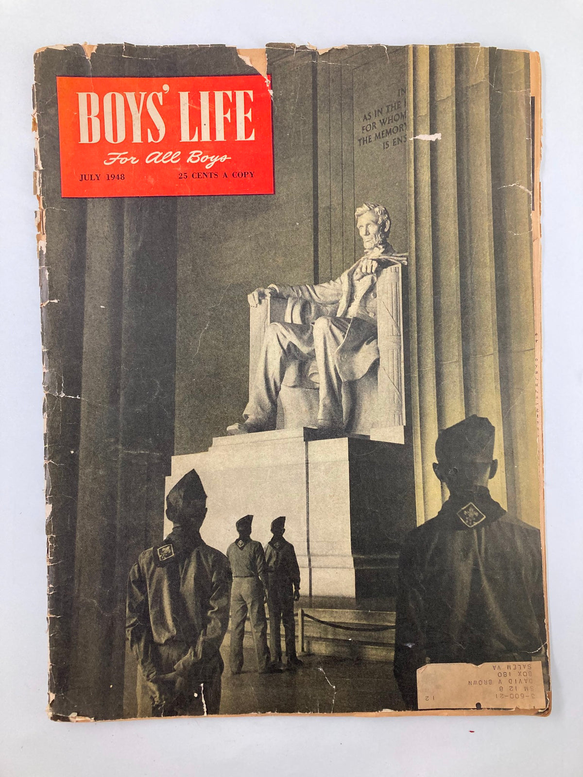 Vintage Boys' Life Magazine from July 1948, featuring the Lincoln Memorial, showcasing a historical scene with uniformed figures in front of the statue.